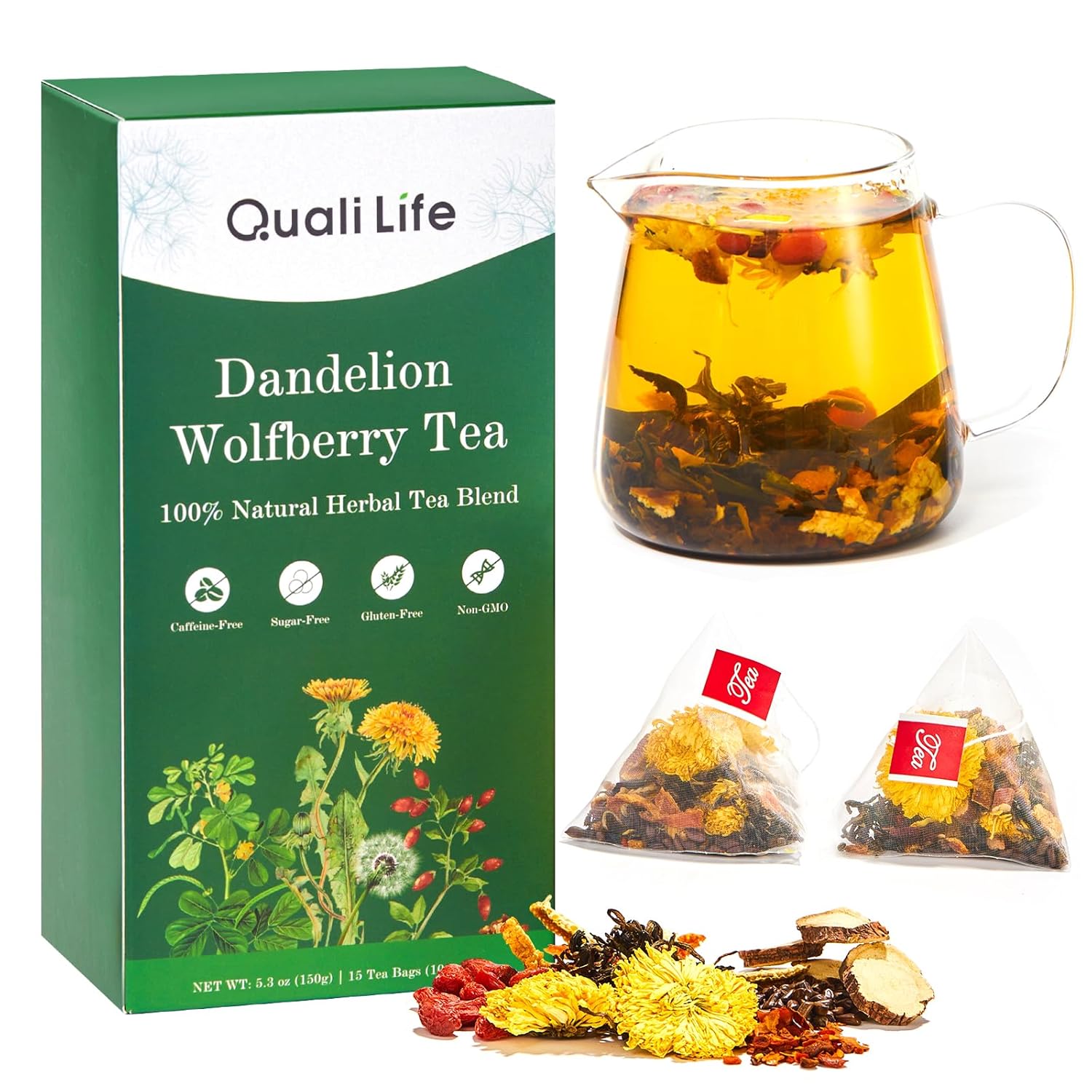 Dandelion Wolfberry Tea – Liver & Kidney Detox Herbal Tea, Summer Cleanse with Chrysanthemum, Wolfberry, Organic Dandelion Root, Cassia Seed, Licorice Chinese Herbal Tea Bag (1 Pack, Dandelion)