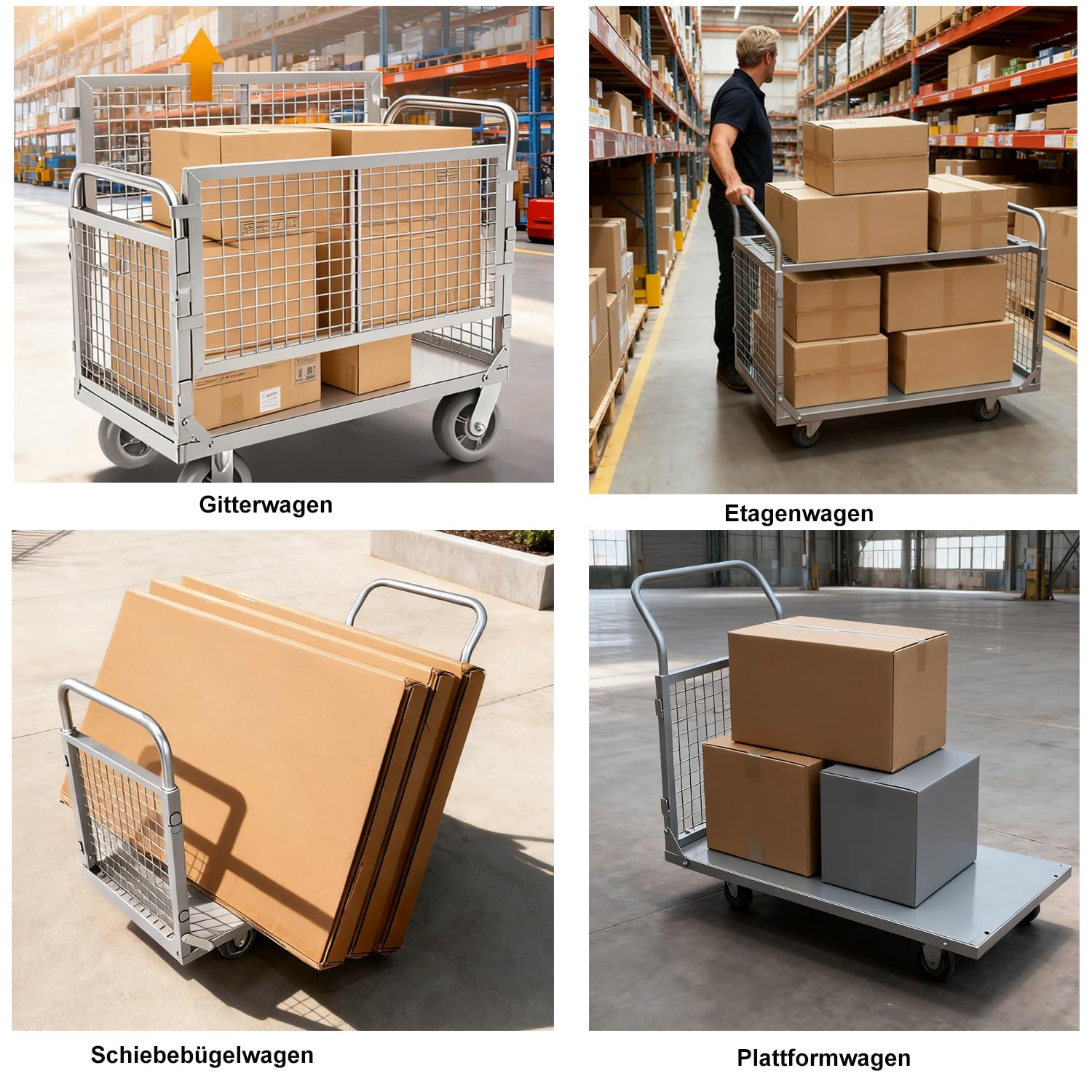 4 in 1 Carrello con Ruote Portatutto 400 kg Griglia Laterale Rimovibile Ruote Girevoli con Freno, Carrello da Trasporto Lavoro Carrelli a Piattaforma Caricatore Pieghevole Industriale