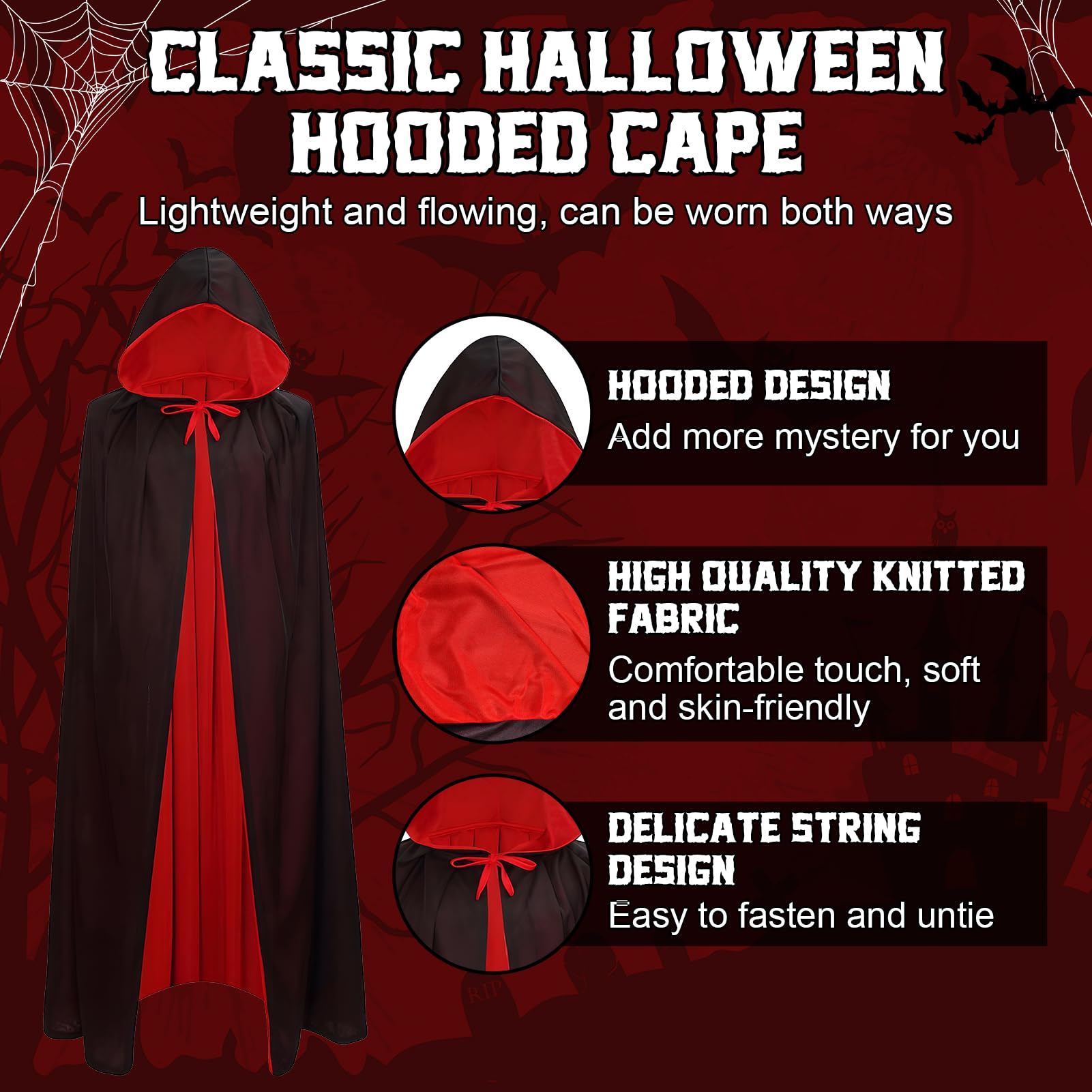 SHOPPGO Halloween Vampire Set, 140cm Vampire Cloak, 4 In 1 Pack Adult Vampire Costume with Halloween Face Stickers - Image 3