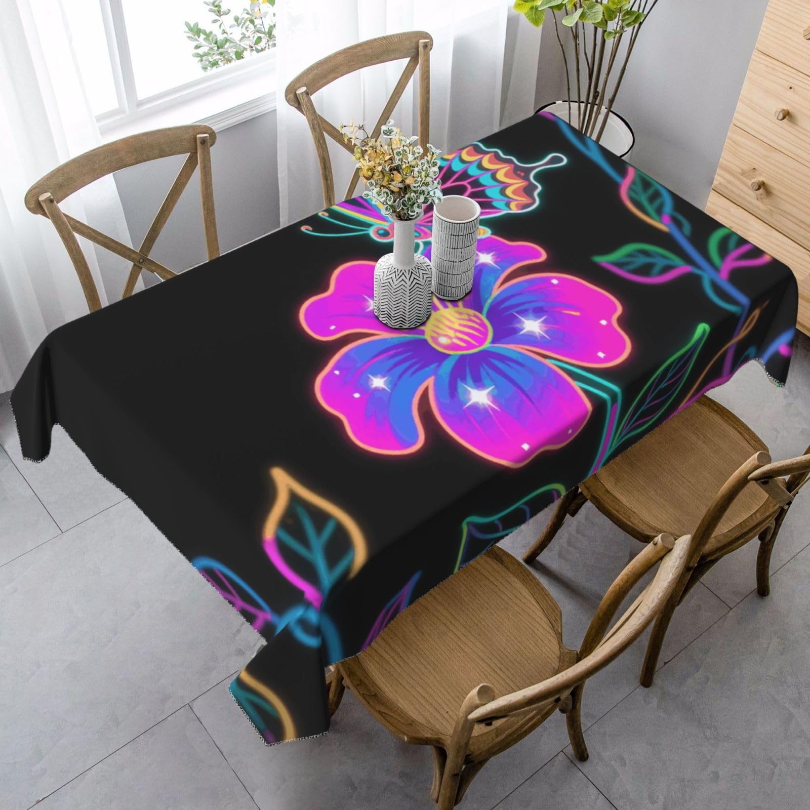 Neon Butterfly Rectangle Tablecloth 35x55 Inch, Washable Reusable Farmhouse Table Cloths Wrinkle Free And Spillproof Kitchen Dinning Table Cover For Party Wedding Picnic Home Decor Tablecloths