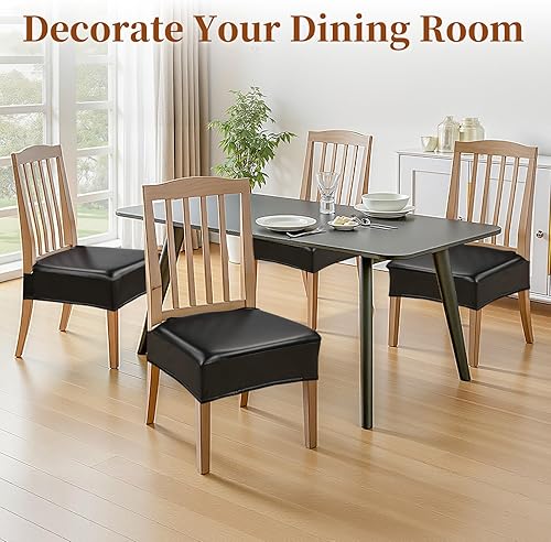 Miniatura 9 de Juego de 4 fundas de asiento impermeables para sillas de comedor, fundas de asiento de cocina de cuero, resistentes a las manchas, fundas elásticas