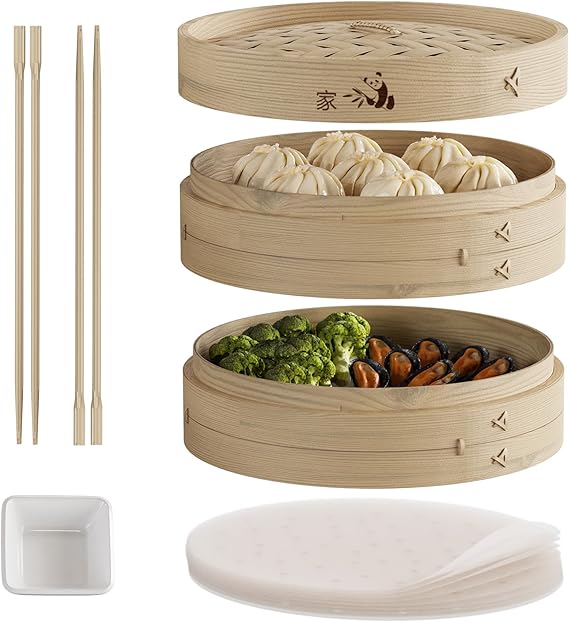 Prime Home Direct Bamboo Steamer Basket 10-Inch | 2-Tier Steamer for Cooking