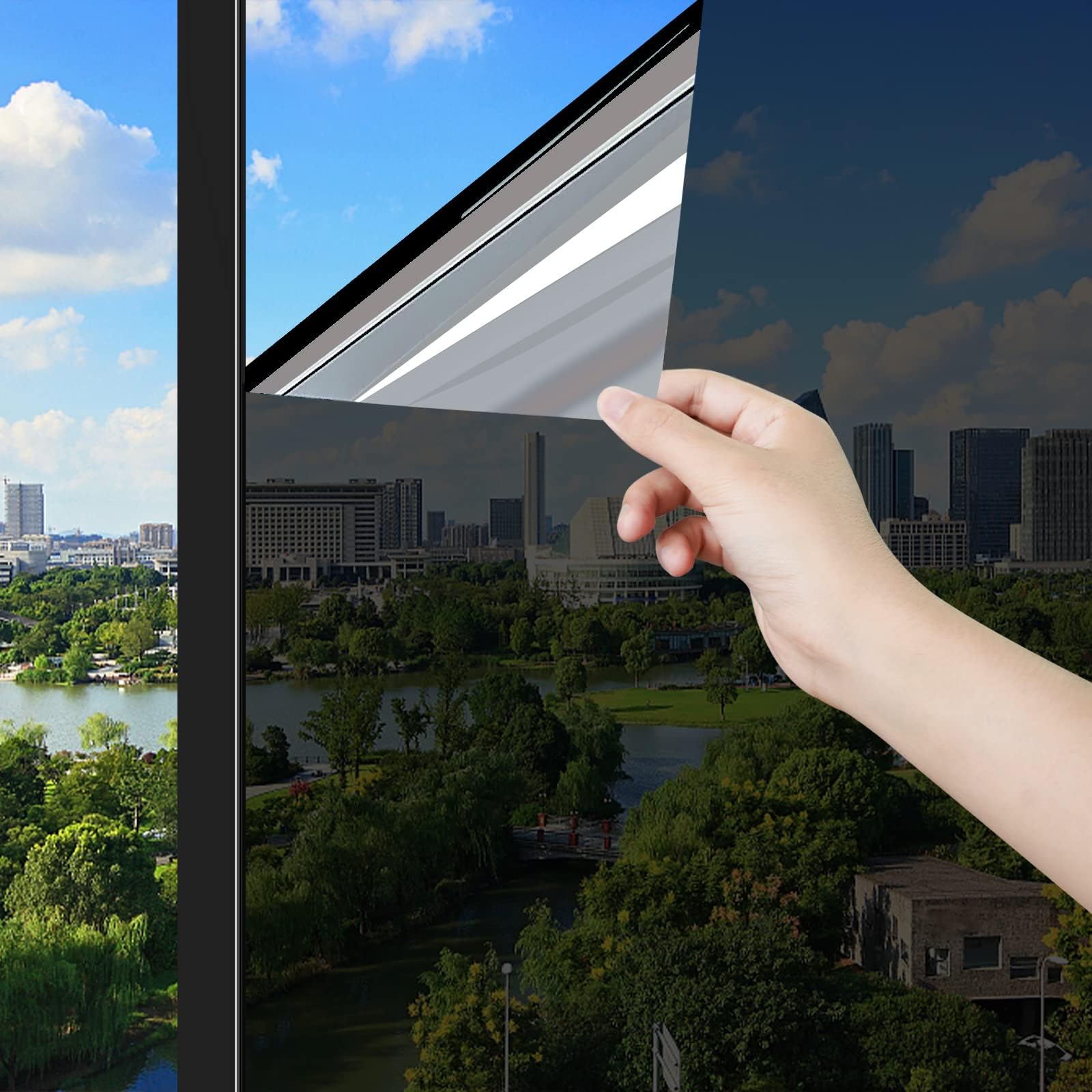 One Way Window Film Heat Control Sun Blocker Anti Glare Blackout Window Tint Film Mirror Effect Film UV Solar Film Static Cling Covering, Black Silver, 60 x 300cm