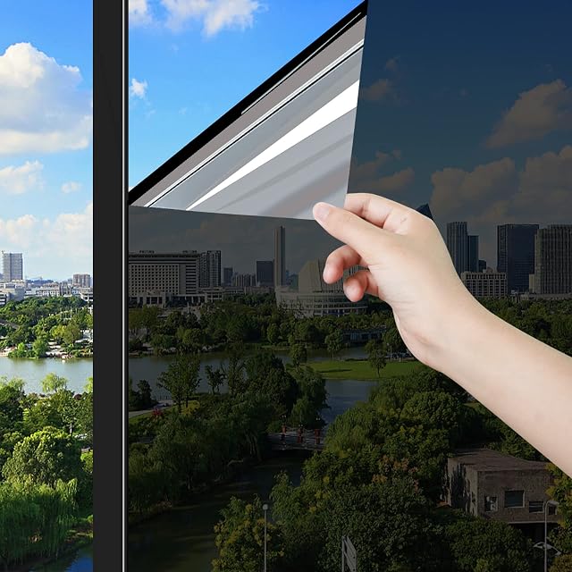 ConCus-T One Way Window Film Sun Blocker UV Window Film Blackout Window Tint Film Mirror Effect Film Conservatory Roof Covering Solar Film Static Cling, Black Silver, 44.5 x 200cm