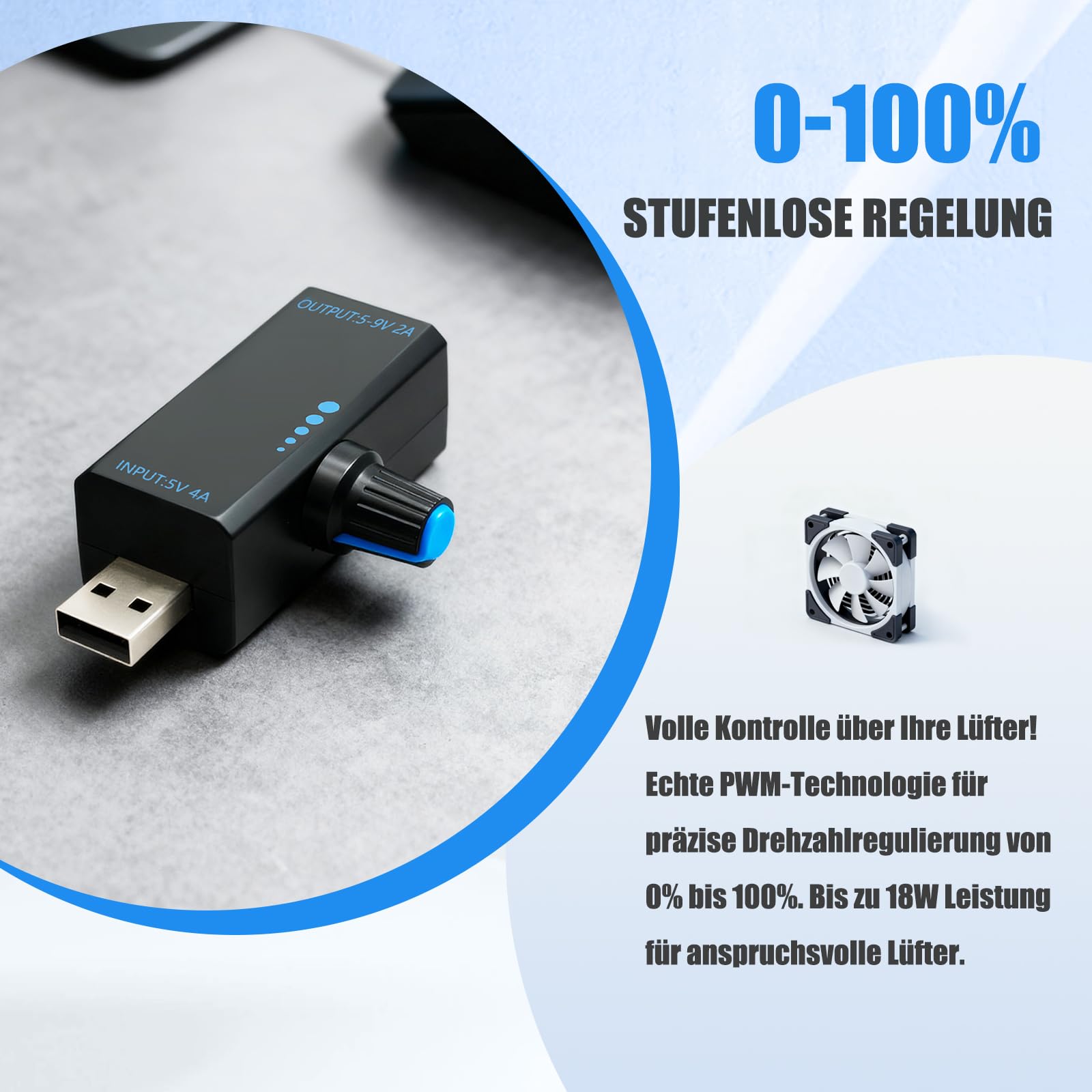 PWM Regolatore di velocità 18 W con porta USB – Controller ventola professionale con controllo della ventola PWM e velocità della ventola USB continua, DC5 V 4 A, alloggiamento ABS e tipo C per