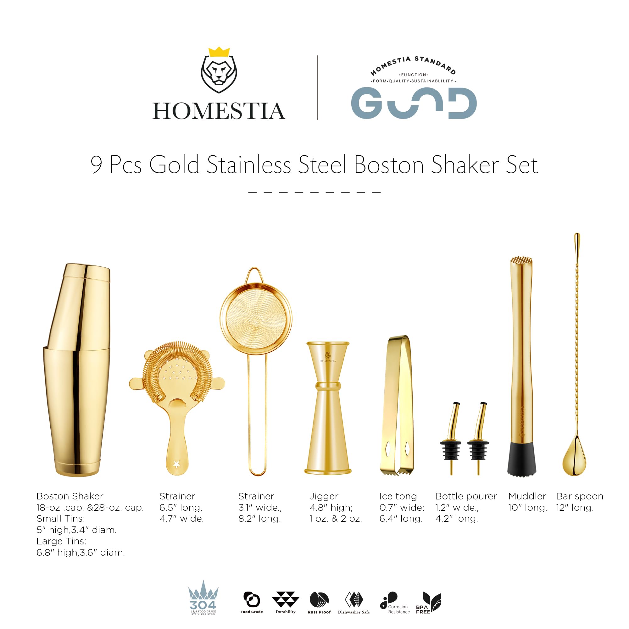 Oggi 6 Piece Stainless Steel Bartender Accessories Set-Includes Stir-Stick, Muddler, Peeler, Double Jigger, Ice Strainer and Tongs, Copper