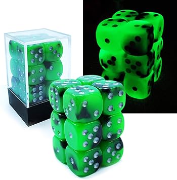 Bescon Two Tone Glowing Dice D6 16mm 12pcs Set Spooky Rocks, 16mm Six Sided Die 12 Block of Glowing Dice