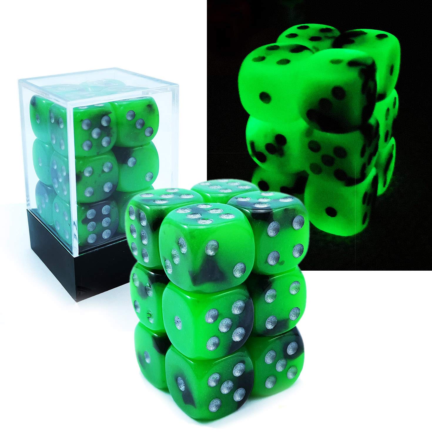 Bescon Two Tone Glowing Dice D6 16mm 12pcs Set Spooky Rocks, 16mm Six Sided Die (12) Block of Glowing Dice