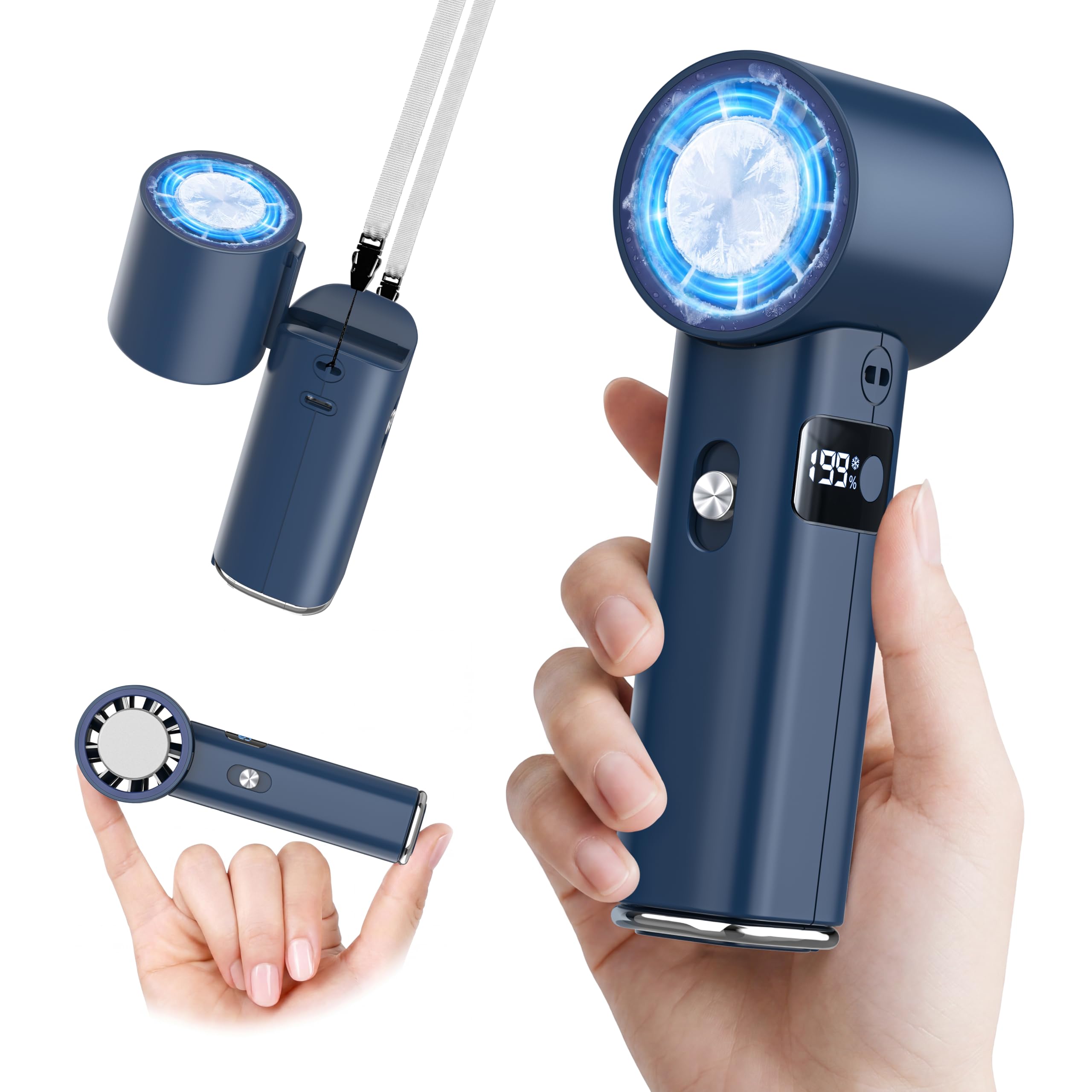 ハンディファン 冷却プレート付き 携帯扇風機 【超強力暴風・2026最強冷感】 冷却ファン 199段階調節 7000mAh大容量 Type-C急速充電 LCD残量表示 超高速モーター 静音 手持ち扇風機 折り畳み式 超軽量 首掛け 卓上 手持ち 6Way対応 熱中症対策 通勤 通学 アウトドア (ネイビー)