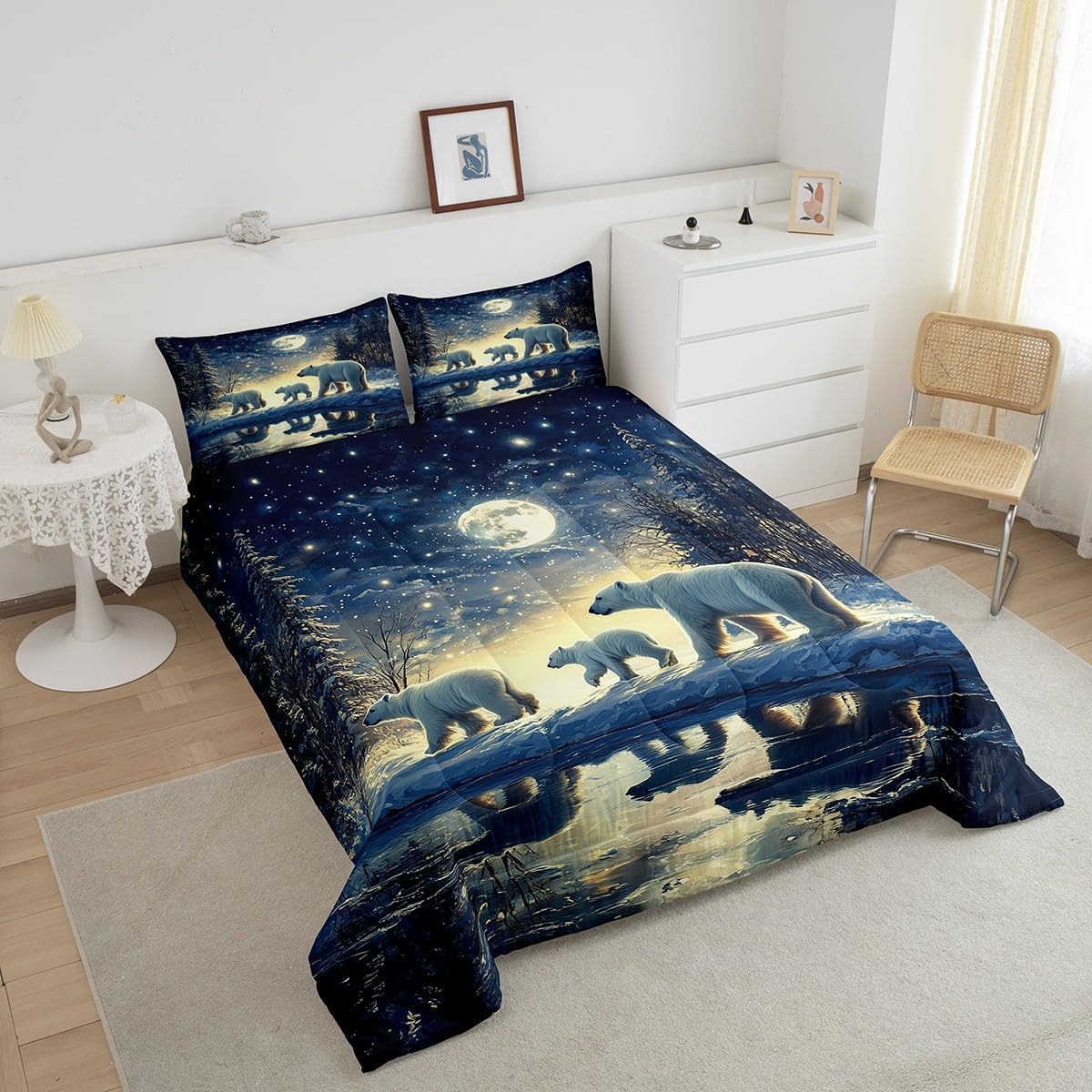 Manfei Polar Bears Bedding Set Queen Size Cute Wild Animals Comforter for Boys Girls Bedroom Decor Starry Galaxy Moon Sky Comforter Set Dark Blue Gold Duvet Set 3Pcs Quilt Set with 2 Pillowcase