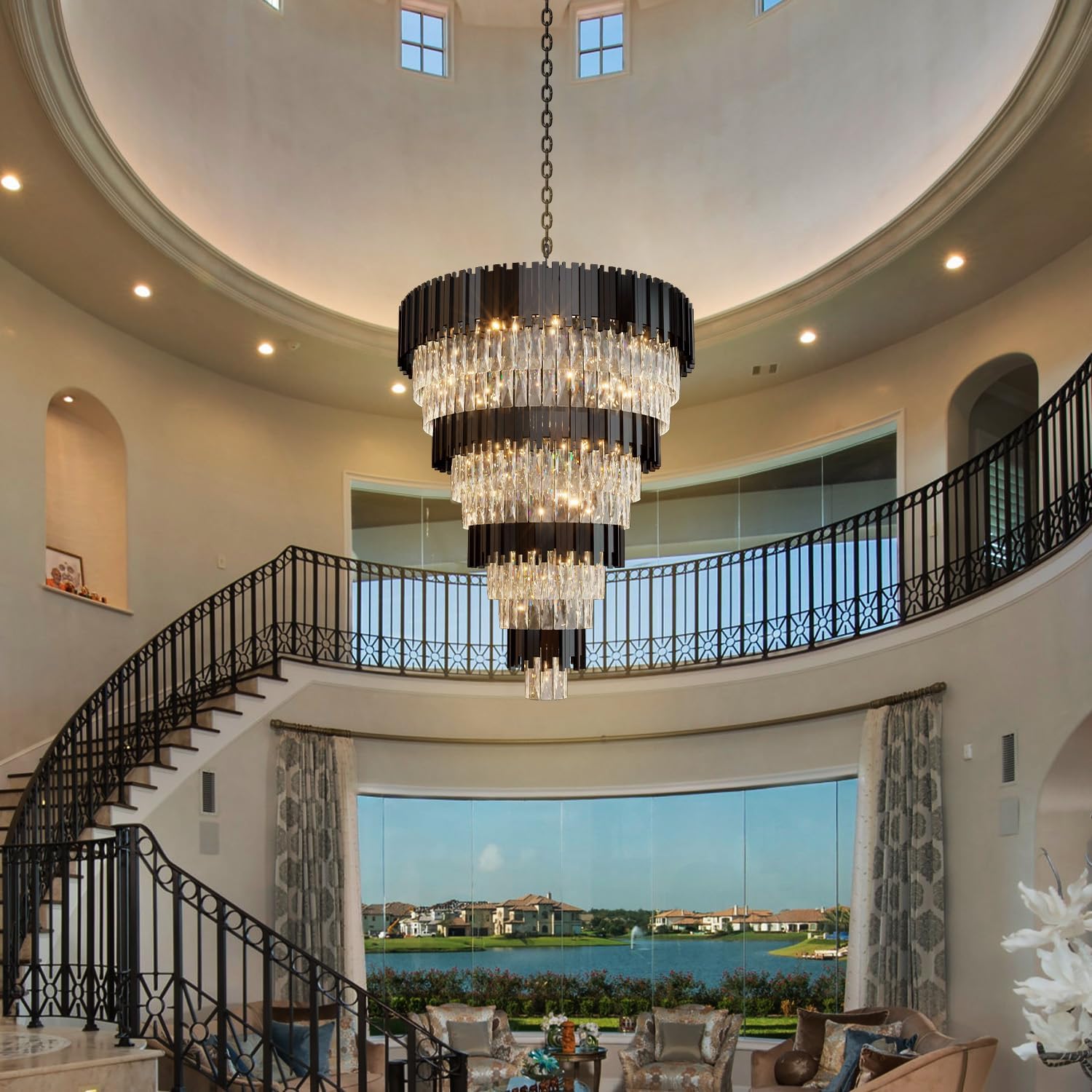 11-Tier K9 Crystal Chandelier, 32" Modern Black Adjustable Height Pendant Light, Luxury Round Chandeliers for High Ceiling, Foyer, Staircase, Entryway, Two-Story Living Room