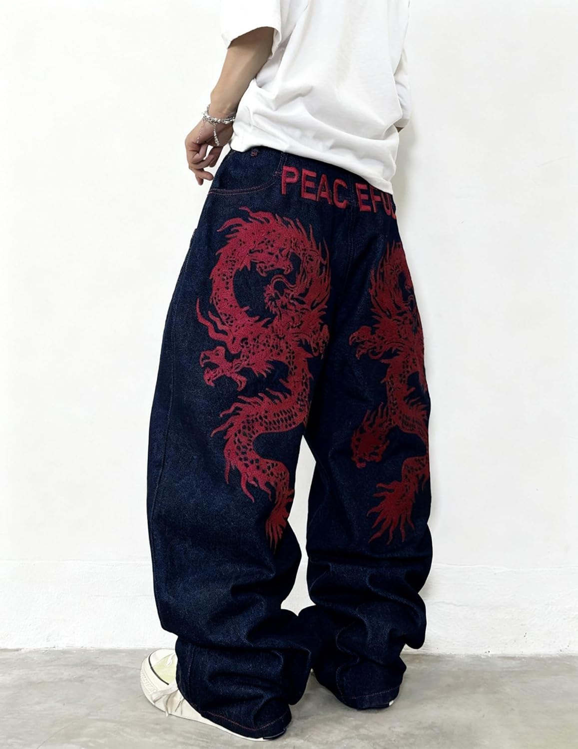 Mens Baggy Jeans Embroidery Pattern Denim Trousers Wide Leg Denim Pant Loose Fit Skater Jeans Streetwear Clothing - Image 5