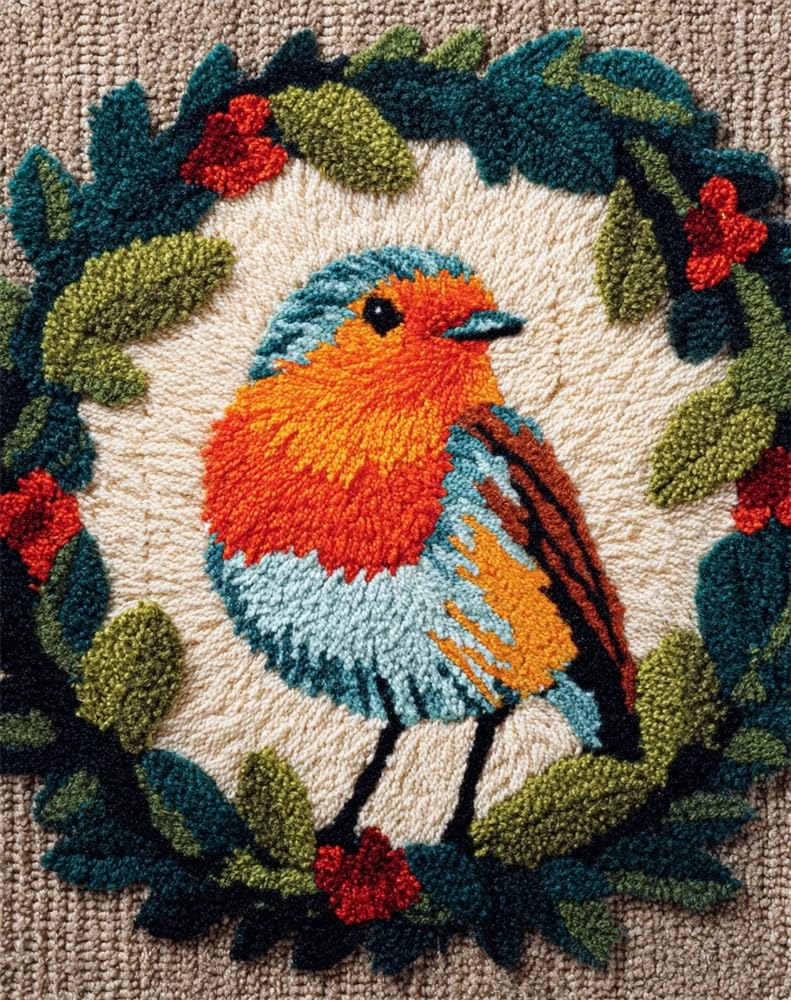 FWRTYCB Latch Hook Rug Kit,Robin Standing Inside a Wreath