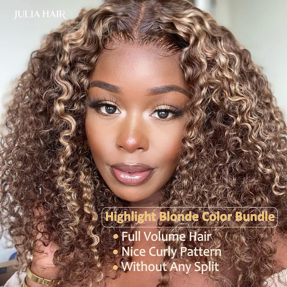 Julia Hair Highlight Honey Blonde Human Hair Bundles 12A Brazilian Curly Hair Weave TL412 Color Sew in Hair Extensions Jerry 3 Bundles 18 20 22 Inch