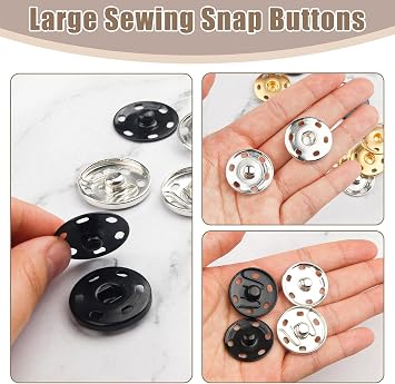 24Set 1Inch/25mm Large Sew-on Snap Buttons for Clothes, Black