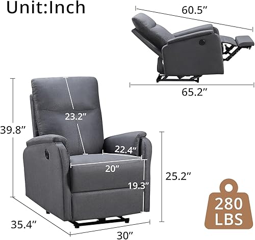 Miniatura 8 de Silla reclinable para adultos y ancianos, sofá reclinable individual ergonómico, silla reclinable pequeña con puertos USB, respaldo y cojín para