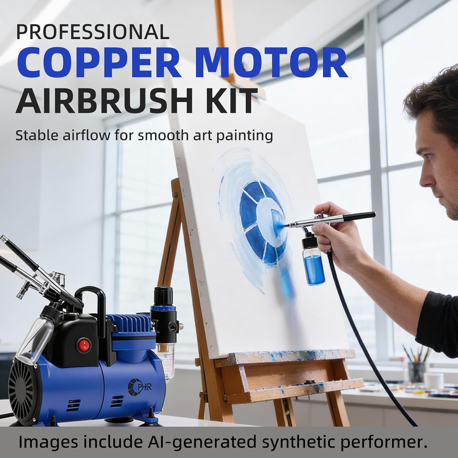OPHIR 0.3/0.35mm Dual Air Brush Kit with Air Compressor, Cooling Fan, 12 Colors Airbrush Paint & Bottles, Cleaning Tools & Mixing Wheel, Professional Craft & Auto Air Brush Painting Set