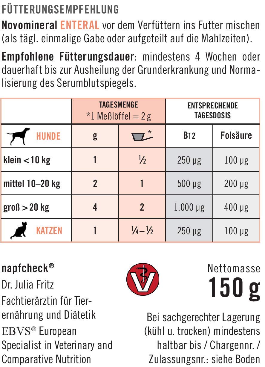 napfcheck Novomineral Enteral - Vitamin B12 und Folsäure für Hunde und Katzen - 150 g