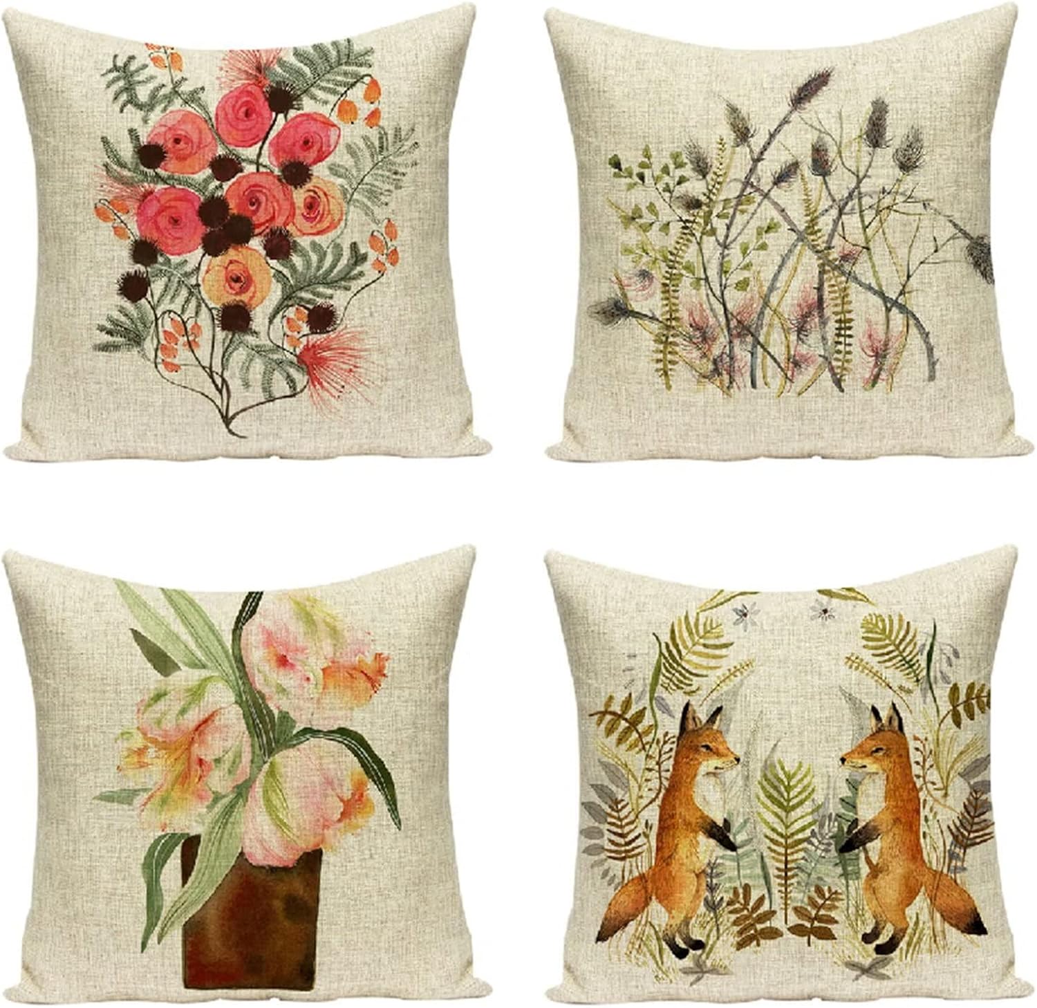 Beige Plant Throw Pillows 14x14in Set of 4, Outdoor Sofa