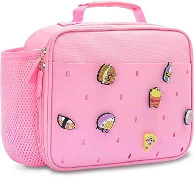 Kids Insulated Lunch Bag with 10 Charms Customizable Lunch Box Reusable Lunch Tote for Boys Girls School Picnic Travel Pink