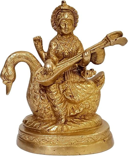 Purpledip Brass Statue Saraswati (Saraswathi): Hindu Goddess Of Knowledge, Saraswati Idol Music & Art; Decor Gift (11006)