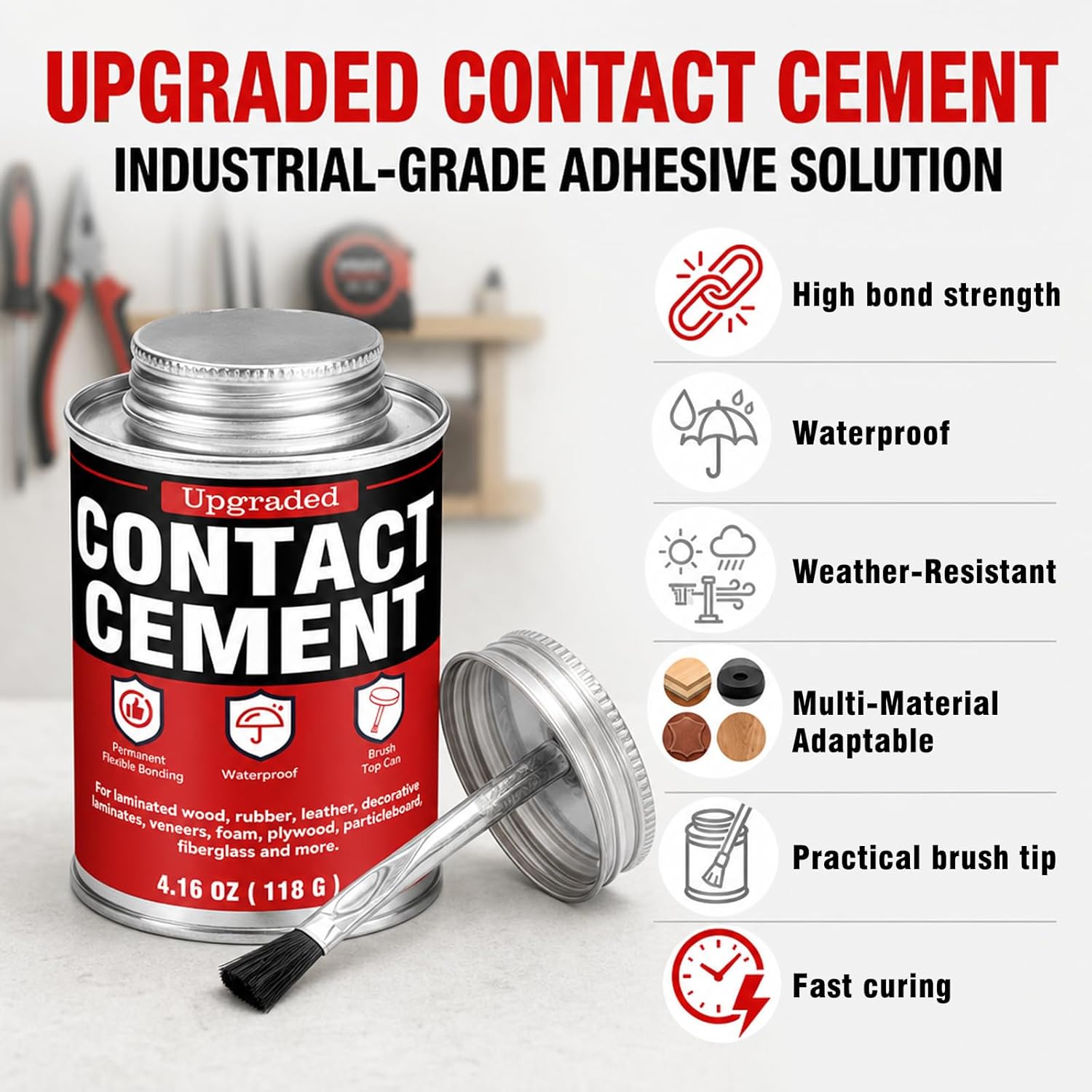 Contact Cement Adhesive 4.16 oz - High Strength Neoprene Contact Cement with Brush, Heat-Resistant Cement Glue for Wood, Metal, Leather, Laminate, Furniture Repairs, Shoe Repair and DIY Crafts