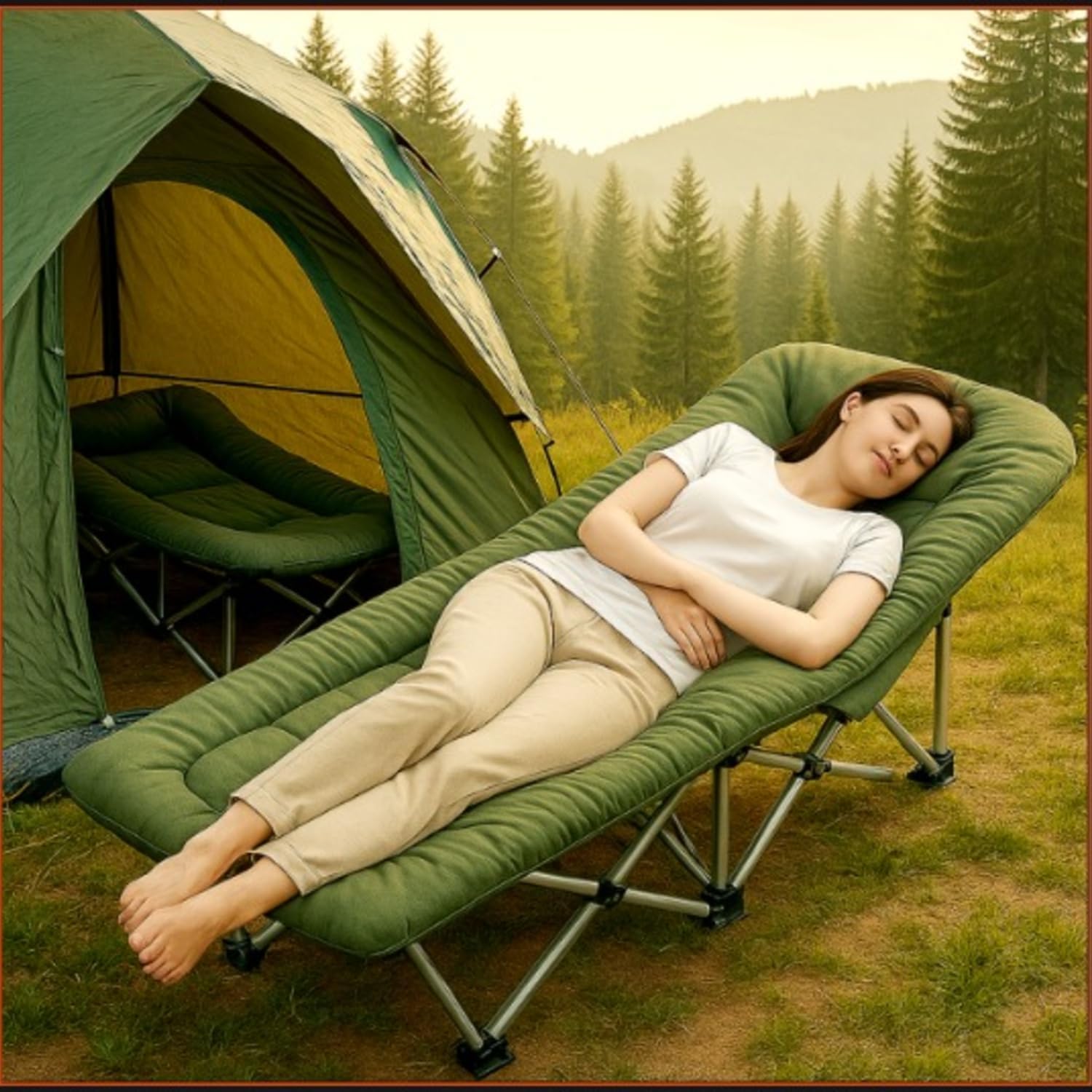 Hukimoyo Metal Folding Matte Bed Single for Sleeping with Soft Cushion 6.2 Feet Portable Foldable Outdoor Camping Cot for Adults Heavy Duty Travelling Camping Cots with Side Pocket (Upto 150KG), Green