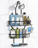 MSAICOE Rustproof Aluminum Shower Caddy Hanging Organizer Over Showerhead - Soap Basket & 6 Hooks for Razor Sponge (Black)