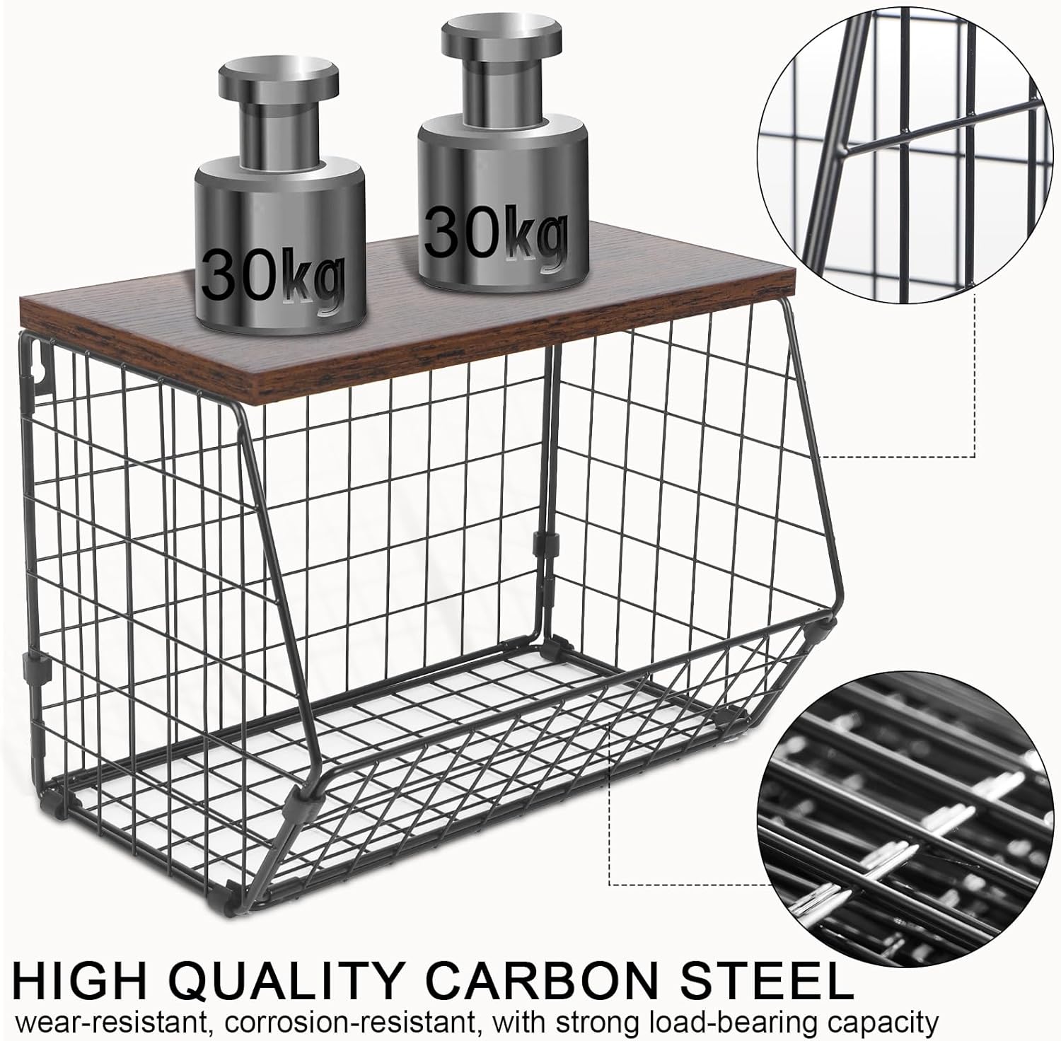 2 Tier Fruit Basket for Kitchen Counter, Hanging Fruit Baskets for Kitchen, Wall Basket Storage with Hooks, Stackable Wire Baskets for Storage Pantry, Potato and Onion Storage Bins with Wooden Lid