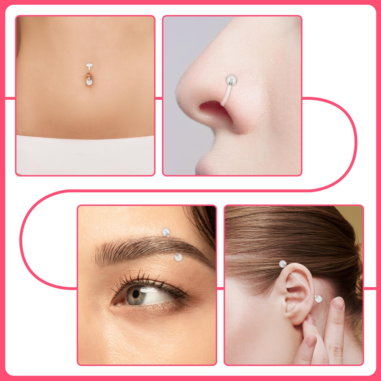 Lusofie Zestaw 29 przezroczystych kolczyków do nosa, warg, chrząstki, brzucha, tragusa, 16 g (1,2 mm) i 14 g (1,6 mm), Akryl