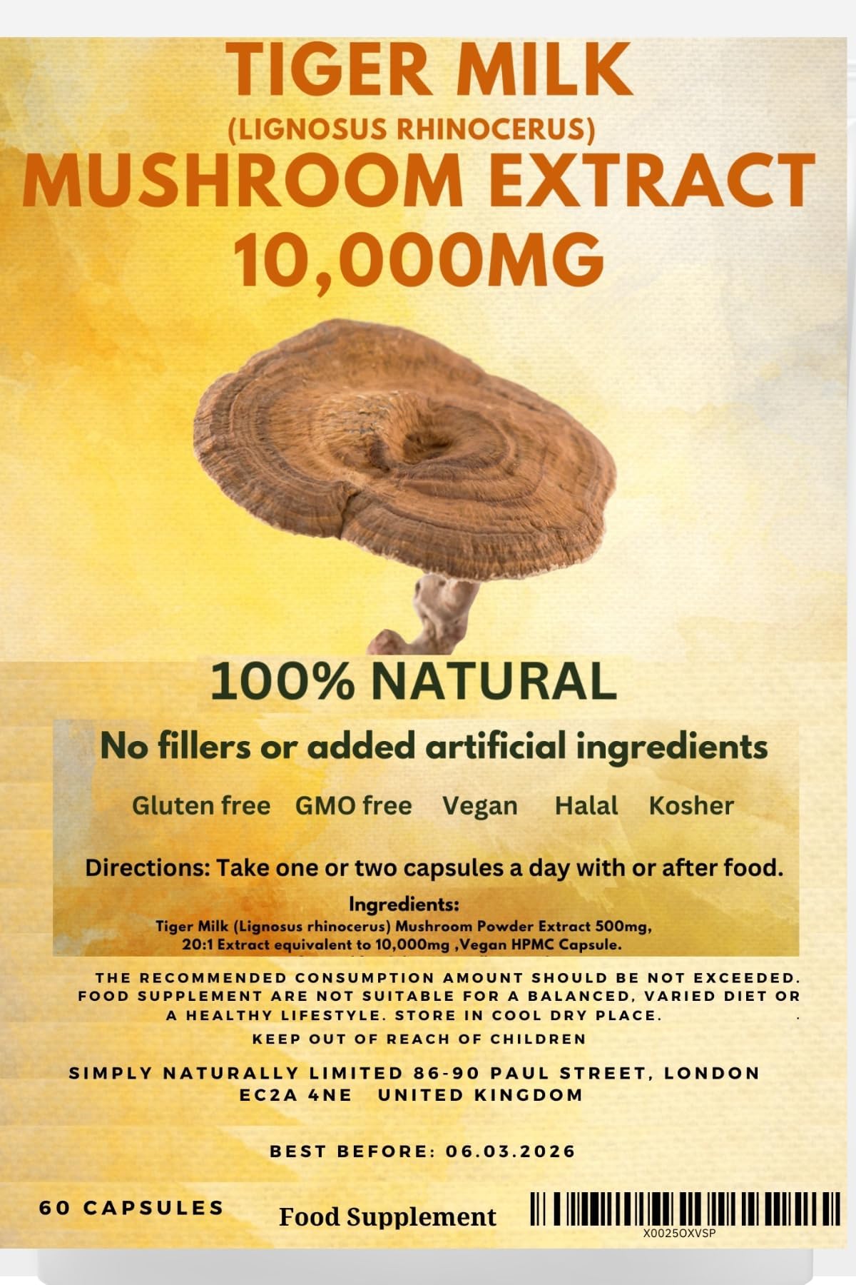 Tiger Milk Mushroom Extract 10,000mg High Strength (Lignosus rhinocerus) | 100% Fruiting Bodies | No Additives | Best Natural Respiratory Immune Support 60 Capsules (Pack of 1)