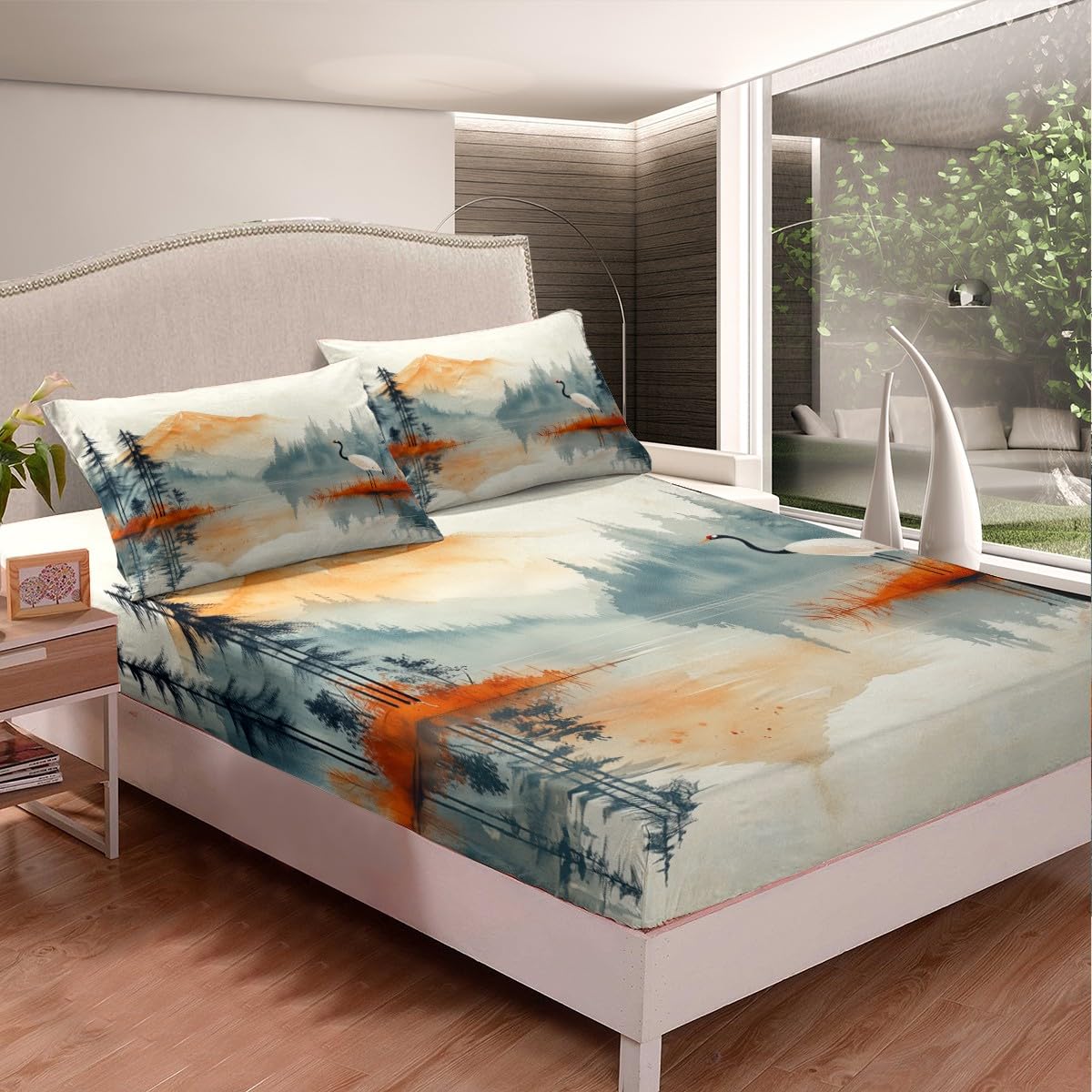 Mountain Woodland Fitted Sheet Queen Size Crane Wildlife Birds Bedding Set for Kids Boys Girls Teens Ink Wash Painting Bed Sheet Set Chinese Style Scenery Bed Cover Room Decor,No Top Sheet