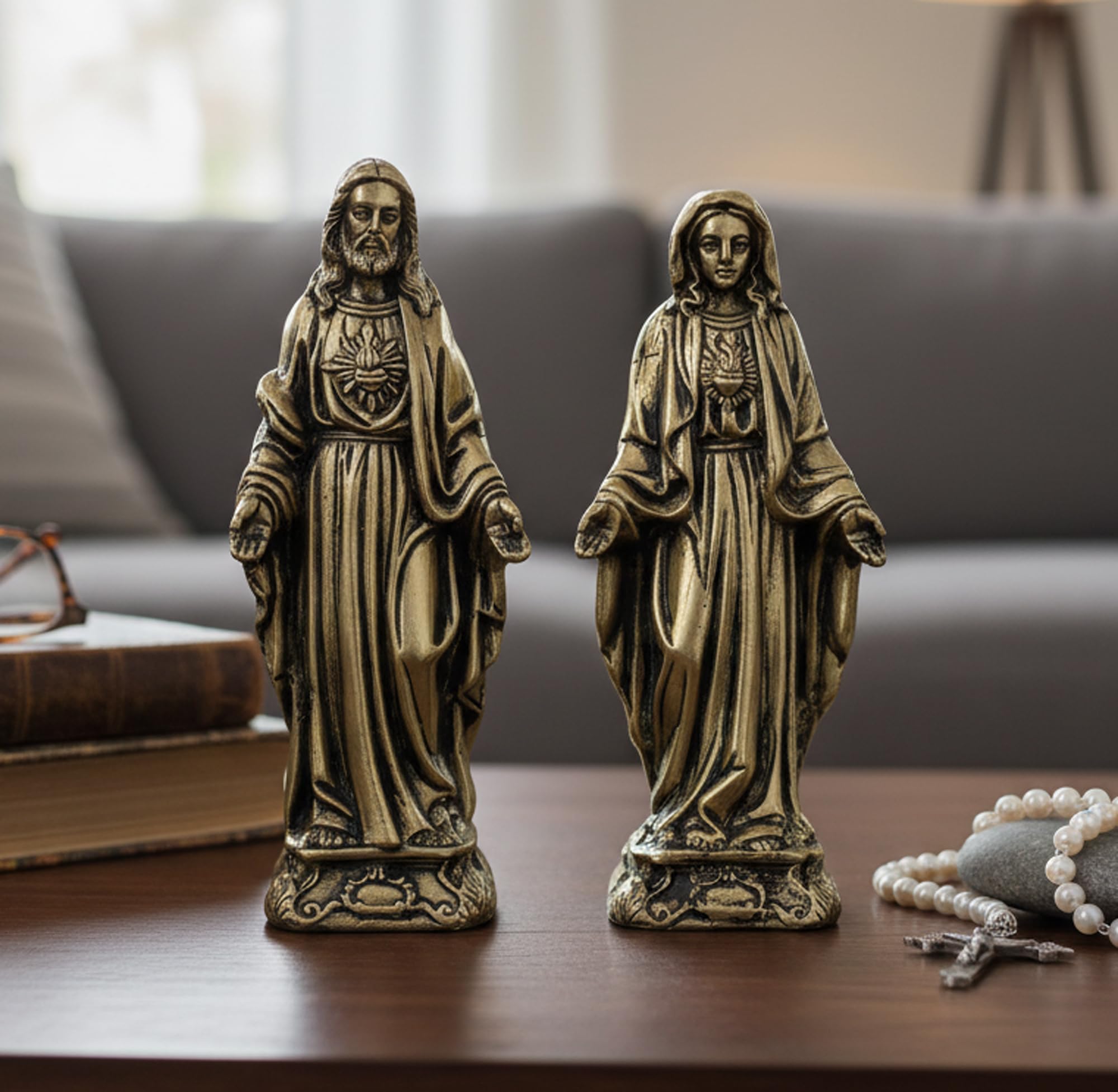 ESPLANADE Brass Statue Jesus Christ and Mother Mary Idol Sculpture - 14.5cm | Christian Holy Statue
