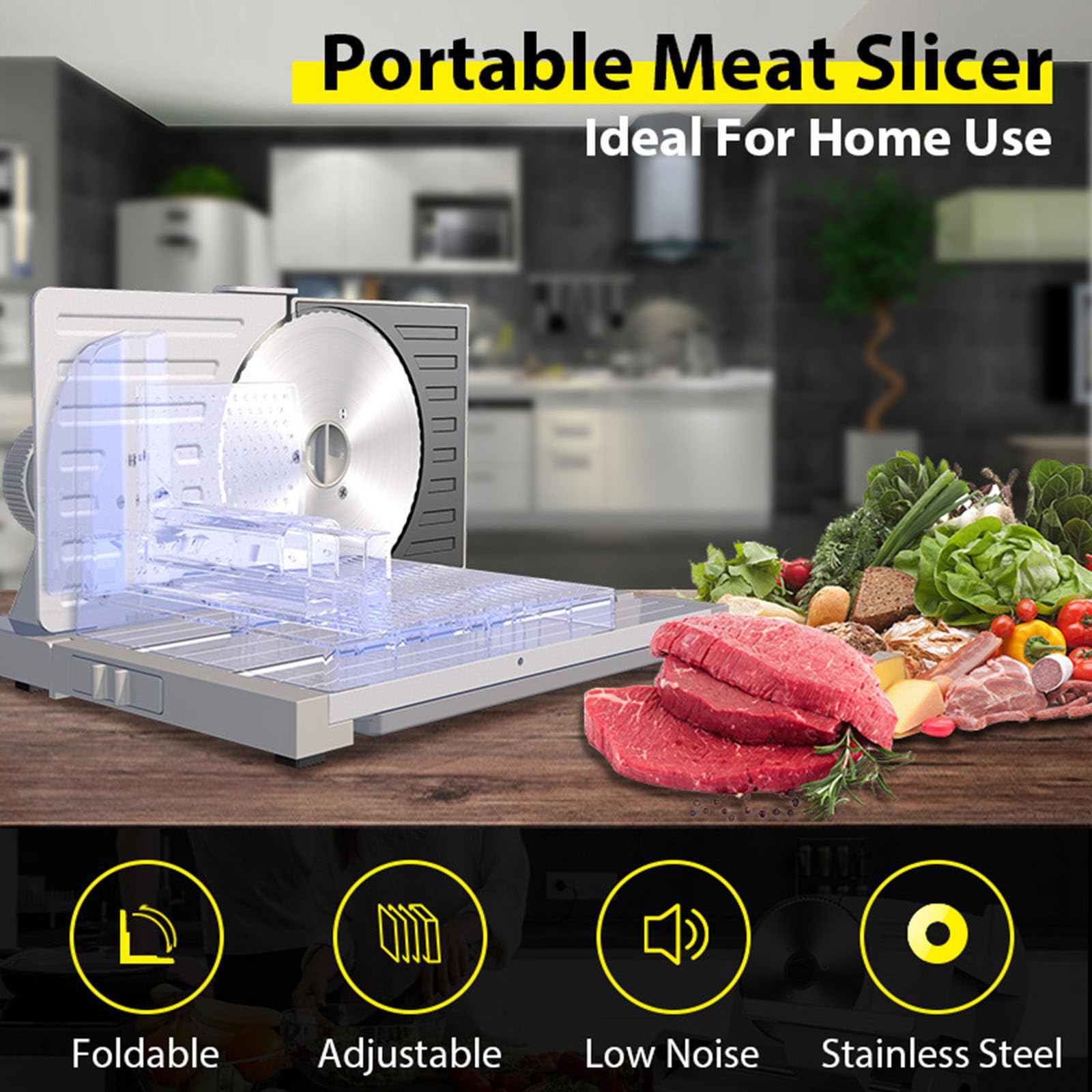 Cortadora eléctrica Cortadora doméstica de espesor ajustable de 0-18 mm Adecuada para pan, carne, queso, verduras, etc.
