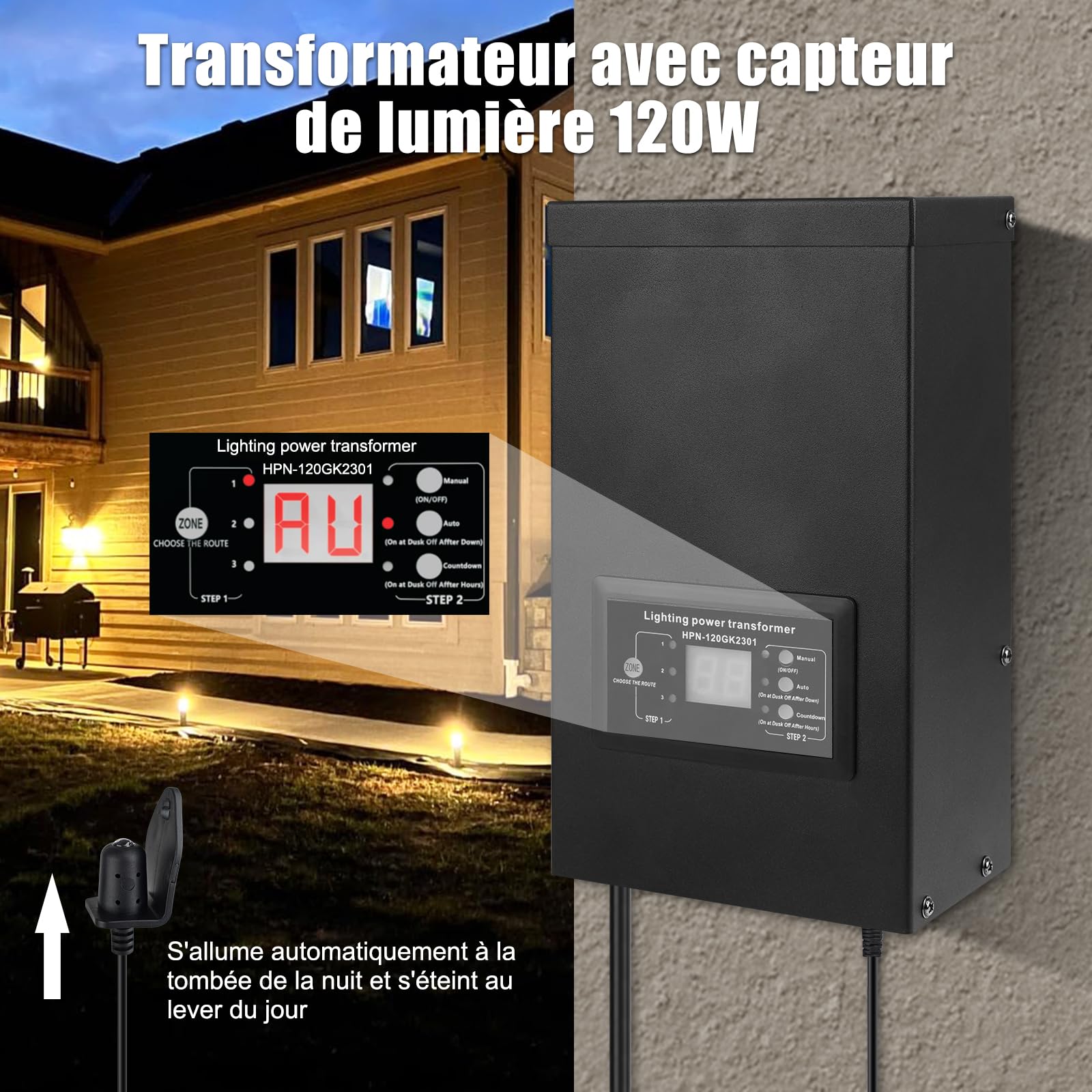 COOLWEST 120W Transformateur 220V 12V AC avec Capteur de Lumière, Alimentation 10A Extérieur avec Fiche, Transfo LED avec Minuterie pour Eclairage de Jardin, Halogène MR16 GU5.3, Eclairage de Piscine
