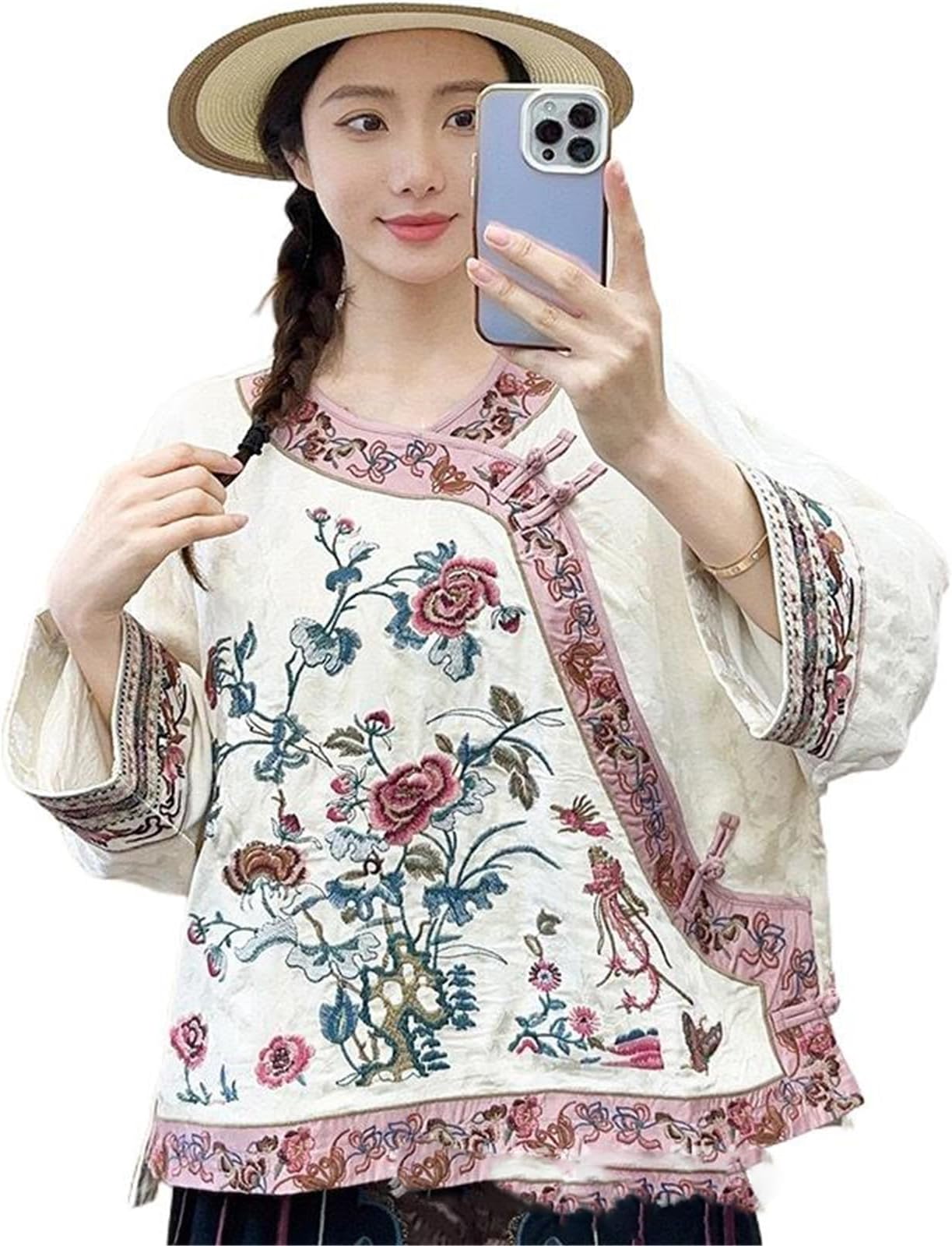 Women's Spring Blouse Round Neck Pullover Loose-Fit Ethnic Style Vintage Shirt