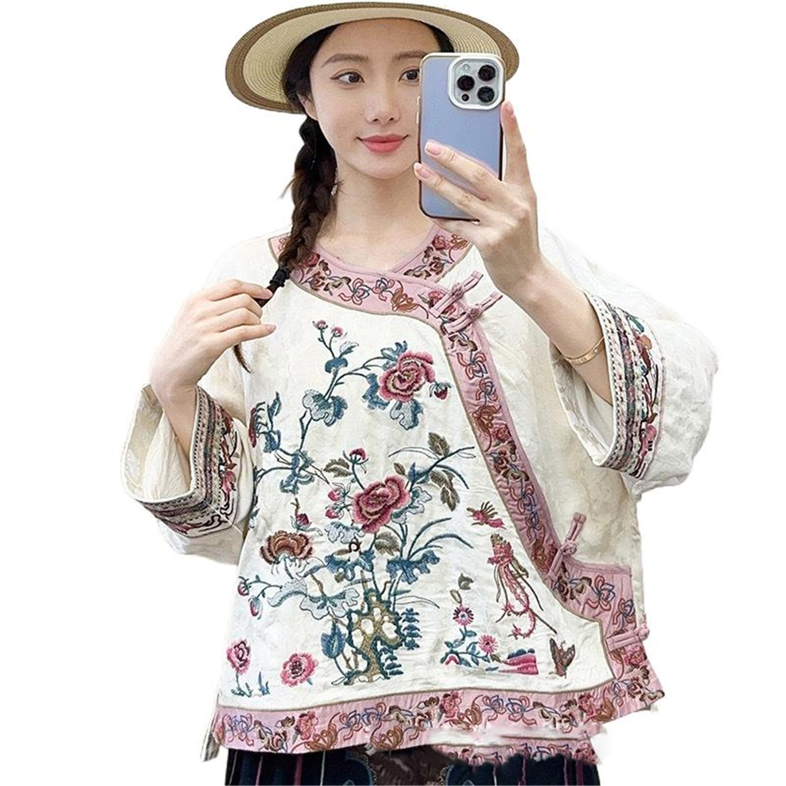 Women's Spring Blouse Round Neck Pullover Loose-Fit Ethnic Style Vintage Shirt