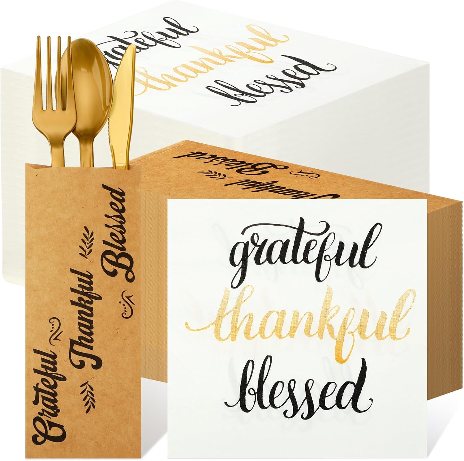 Colarr 100 Pcs Thanksgiving Fall Disposable Napkins Paper and Thankful Grateful Blessed Silverware Bags, Silverware Sleeves Cutlery Thanksgiving Utensil Holder for Dinner Table Decorations