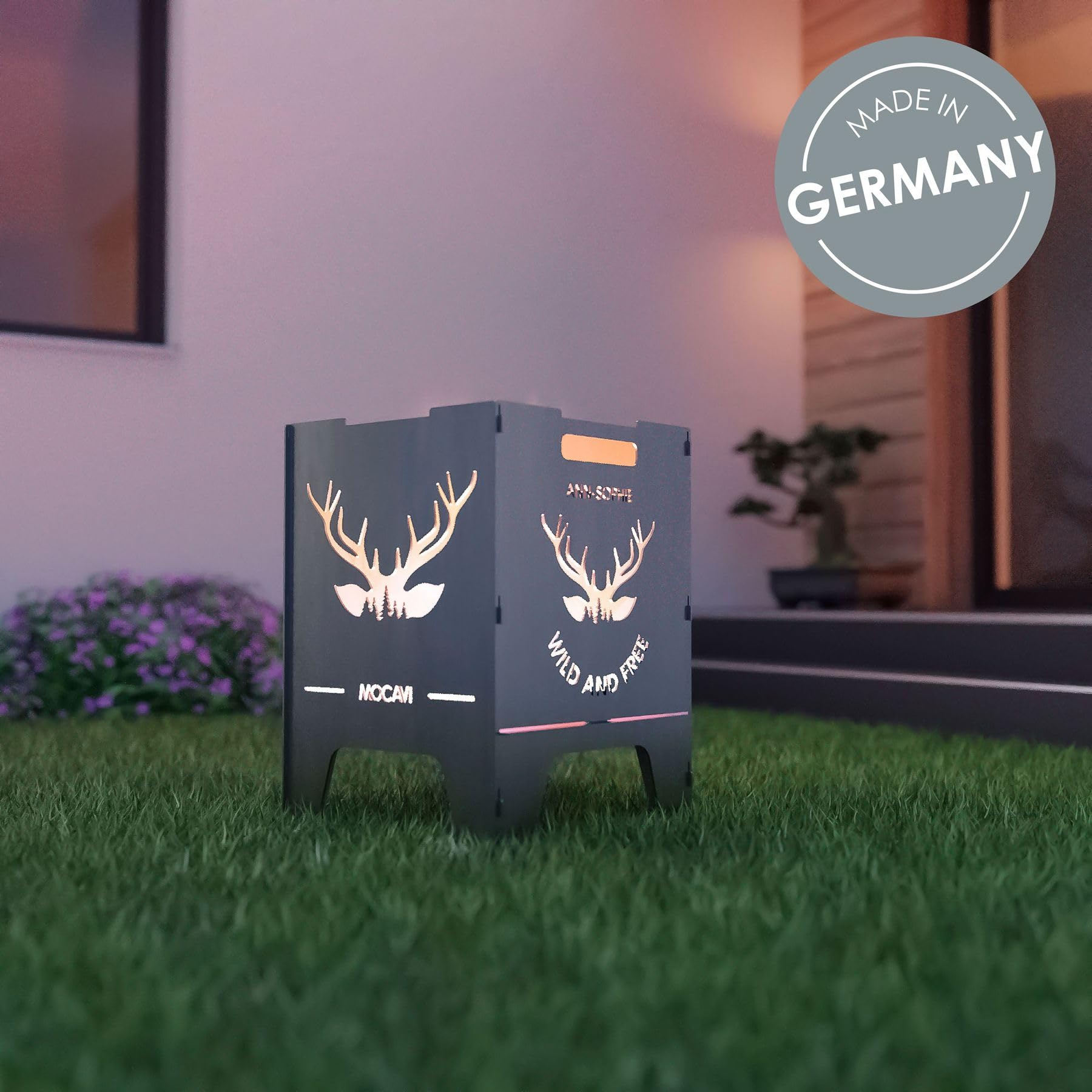MOCAVI Edelstahl Feuerkorb Wild 52 cm | 3 mm V2A personalisiert Design-Feuertonne für Garten, Terrasse und Balkon Feuerschale Feuersäule massiv sicher quadratisch Feuerstelle Outdoor faltbar hitzefest