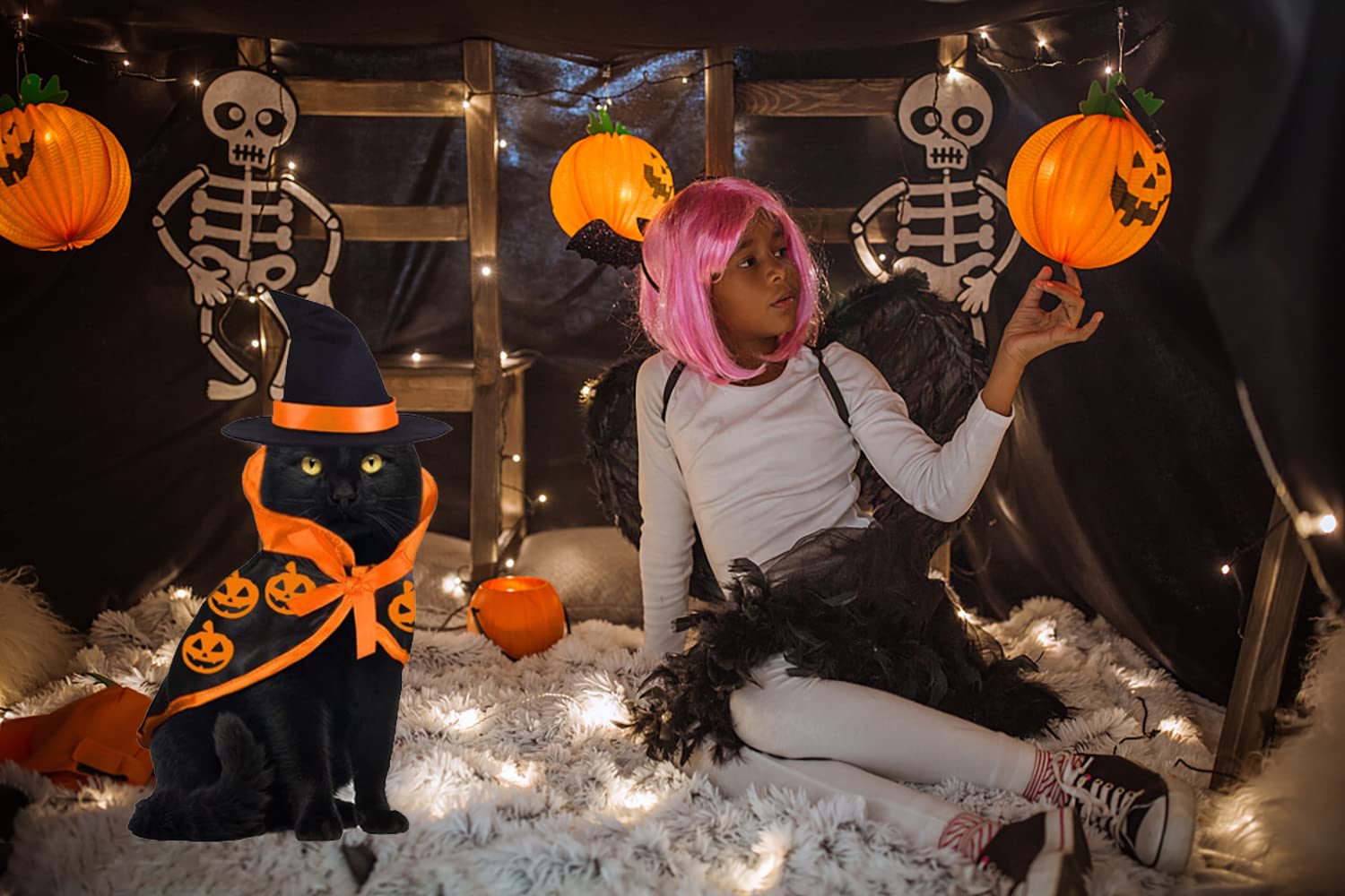 4-teiliges Katzen-Kostüm Set Für Halloween – Mit Umhang, Hut & Glöckchen Für Kleine Haustiere