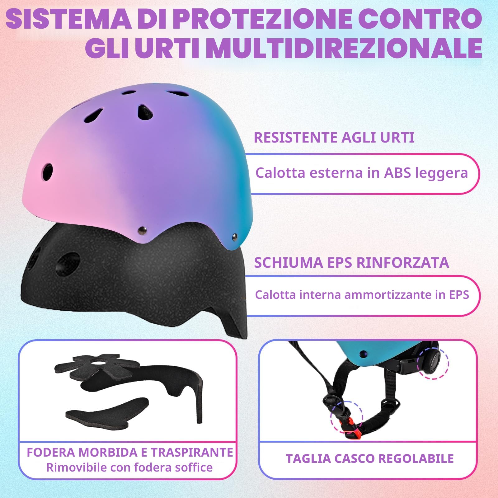 Casco da bici regolabile per bambina bambini Con gradiente di colore, Casco protettivo per ragazze ragazzi per multisport skateboard monopattino ciclismo pattinaggio