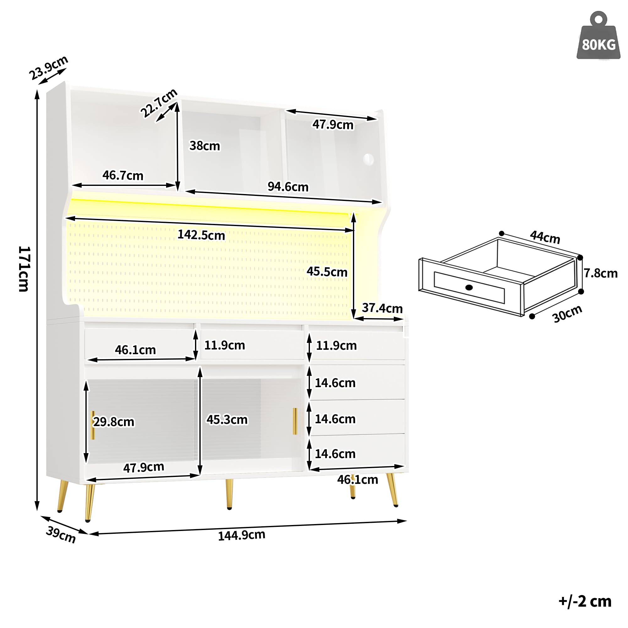 Mobile alto moderno, 145 x 39 x 171 cm, bianco, con armadio da cucina o armadio da sala da pranzo con cassetto, credenza con ripiano con parete forata
