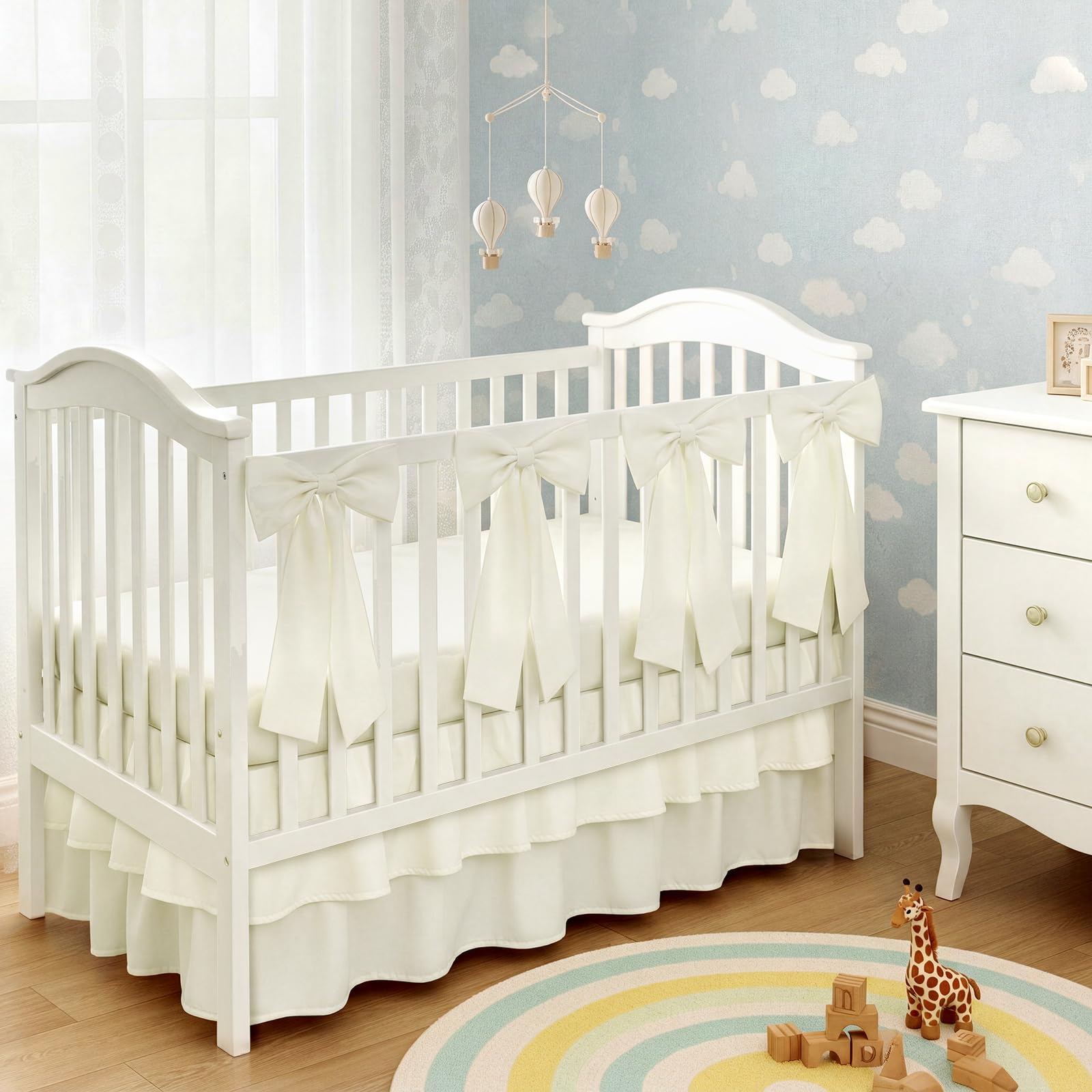 SmoothNovelty Beige Crib Bed Skirts with 4 Large Cot Bow 28" x 52" Baby Crib Skirt for Boys Girls Nursery Toddler Bed Skirt Dust Ruffle 14" Drop (Double Layer)