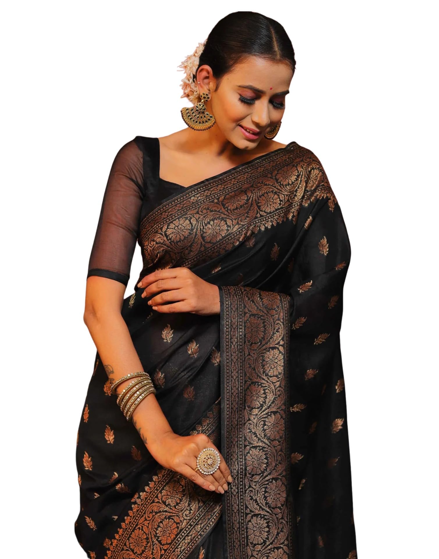 SIRILWomen's Banarasi Silk Kanjivaram Jacquard Saree With Unstitched Blouse Piece (3730S387_Black & Gold)
