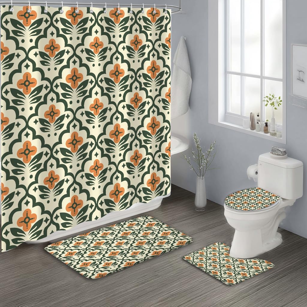 4PCS Vintage Boho Floral Shower Curtain Set, Modern Abstract Orange Green Waterproof Bathroom Accessories with Non-Slip Rugs, Toilet Lid Cover Bath Mat and 12 Hooks, Home Decor 72" X 72"