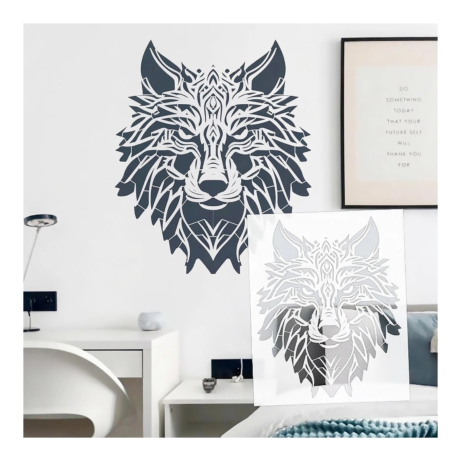 Pochoir tête de loup grand format peinture plastique décoration murale salon meuble 70x83