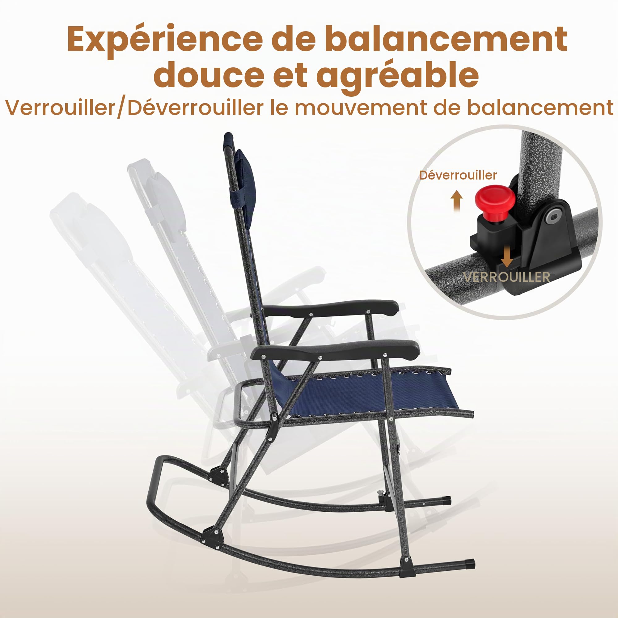Yaheetech Basics Fauteuil à Bascule Pliant Rocking Chair Pliable de Jardin 102 x 65,5 x 103 cm avec Têtière Réglable Poche de Rangement pour Jardin Patio Terrasse Camping Voyage Bleu Marine