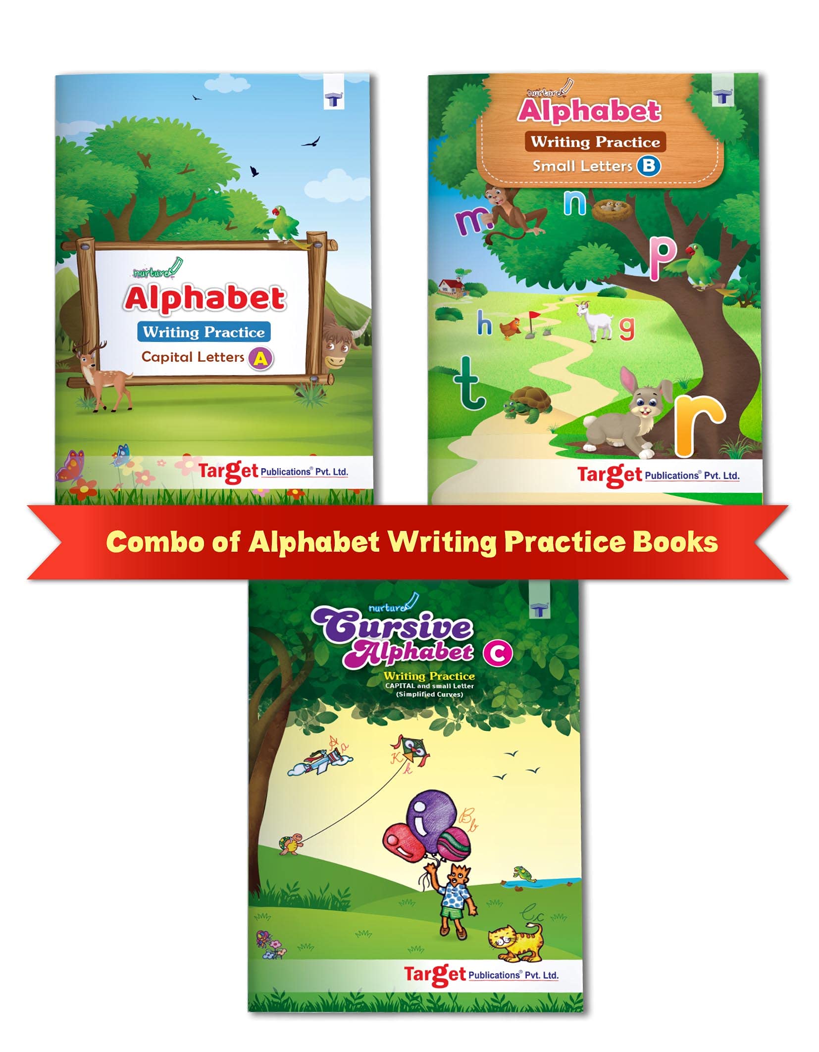 Nurture English Alphabet Writing Practice Books for Kids | 3 to 8 Year Old | ABCD Capital, Small and Cursive Letter Tracing Practise for Nursery, Preschool and Primary Children | Set of 3 Books