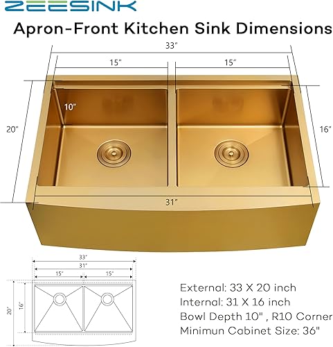 Miniatura 5 de Fregadero de cocina con delantal frontal de 33 x 20 pulgadas, fregadero de cocina dorado con doble tazón, fregadero de estación de trabajo de acero