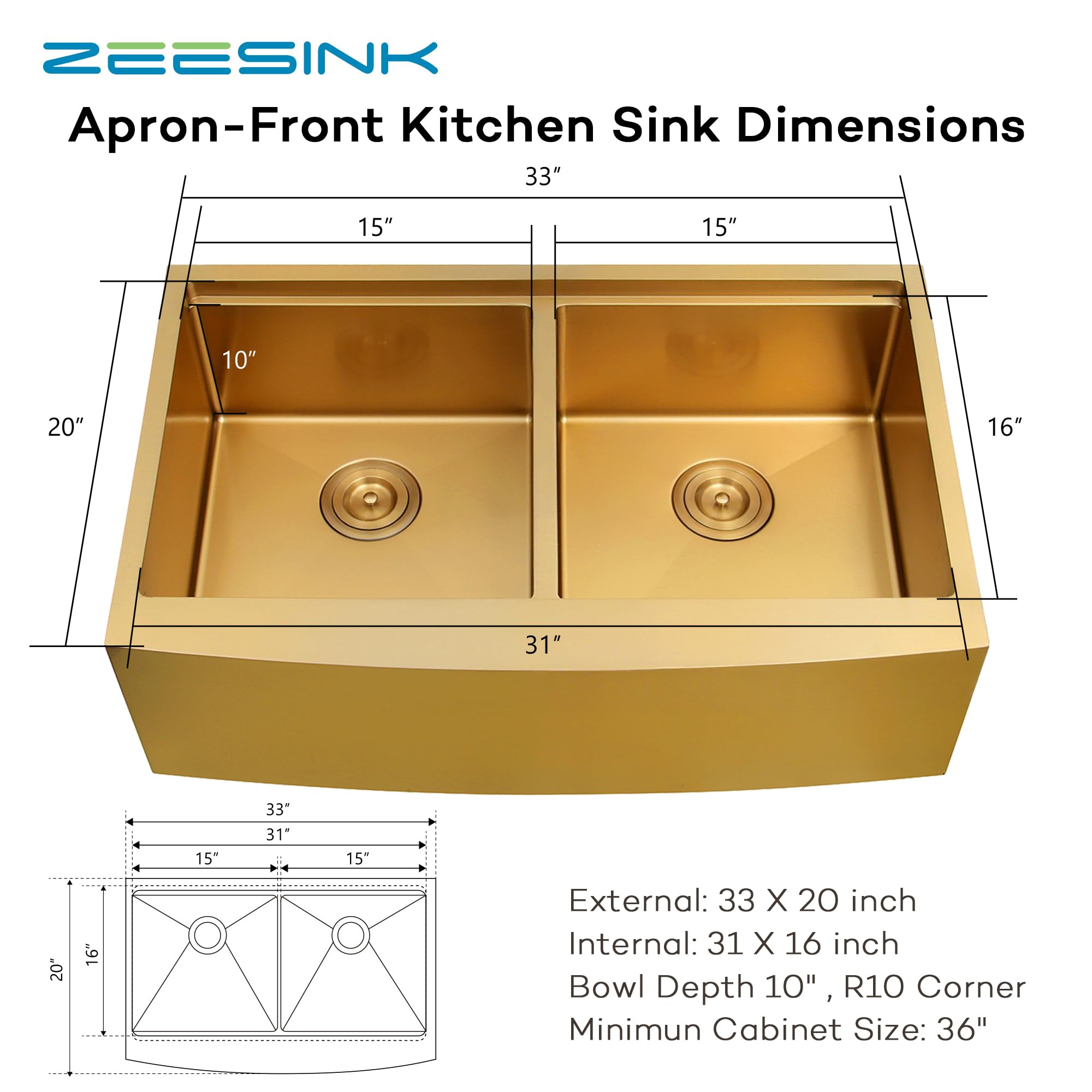 Zeesink Gold Farmhouse Sink 33